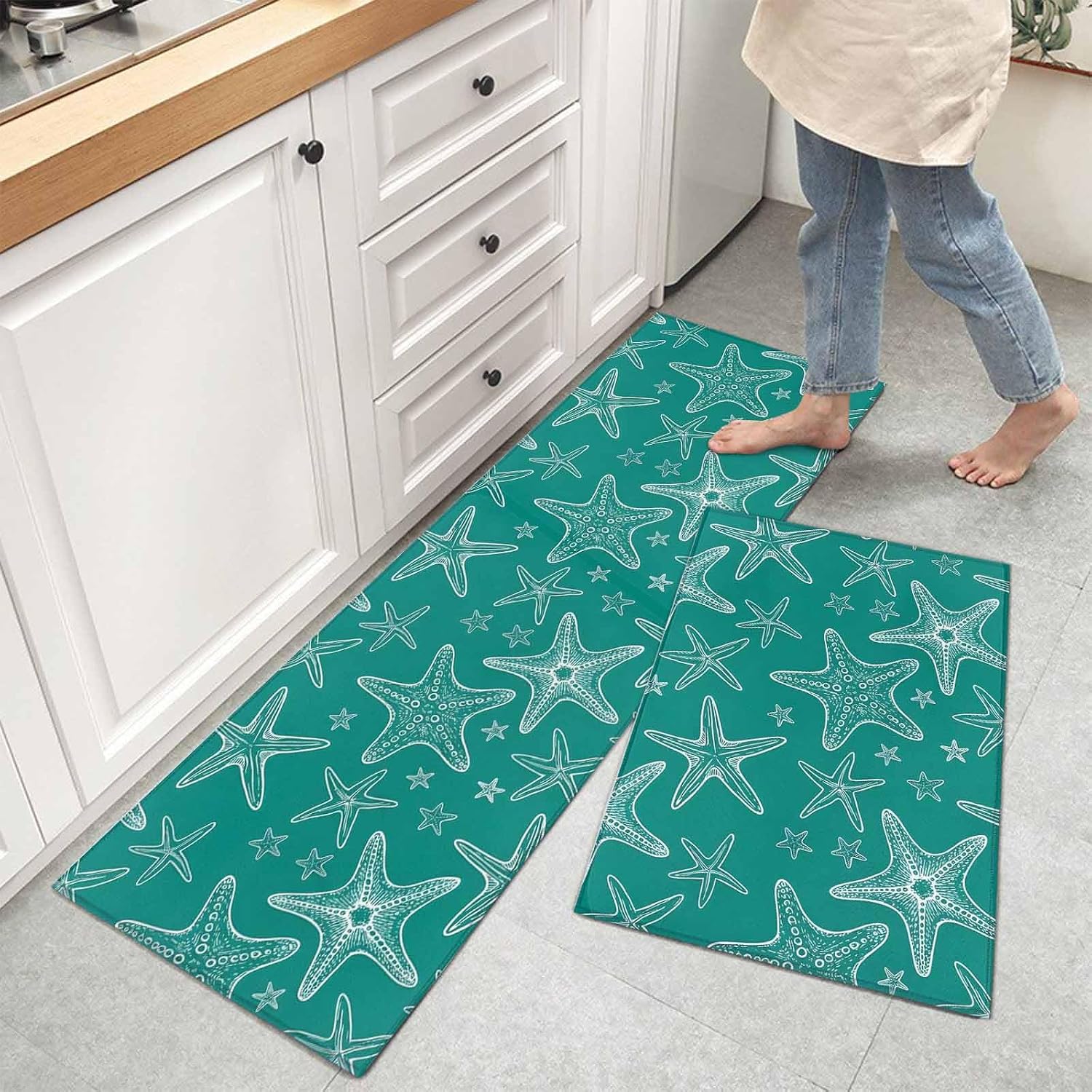 Kitchen Mats for Floor Coastal Sea Starfish Seamless Washable Non Slip Kitchen Rugs 2PCS, Ocean Creature on Cyan Absorbent Standing Mats for Sink Bathroom Office Living Room 15.7x23.6in+15.7x47.2in