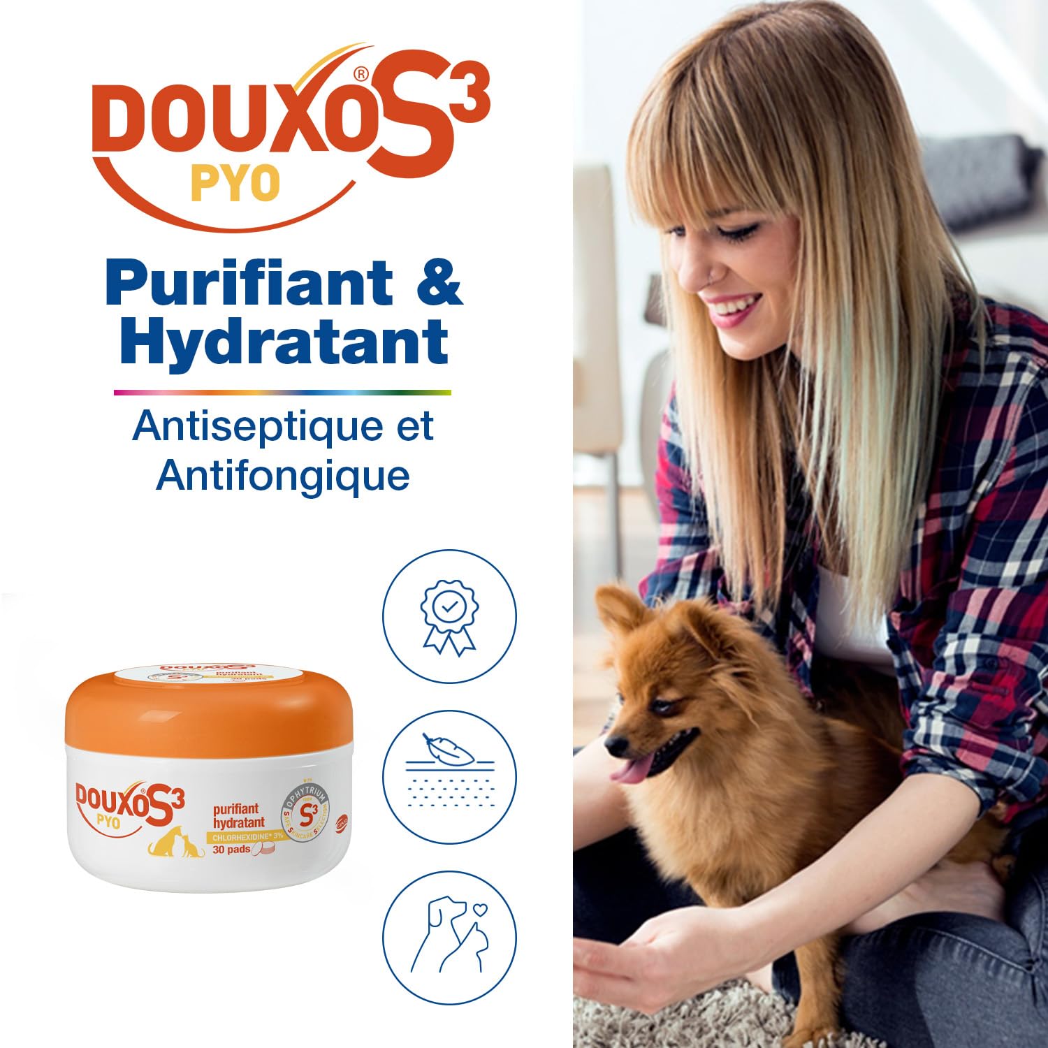 DOUXO S3 PYO Pads, 30 batuffoli di cotone impregnati per pulire, disinfettare e lenire la pelle di cani e gatti