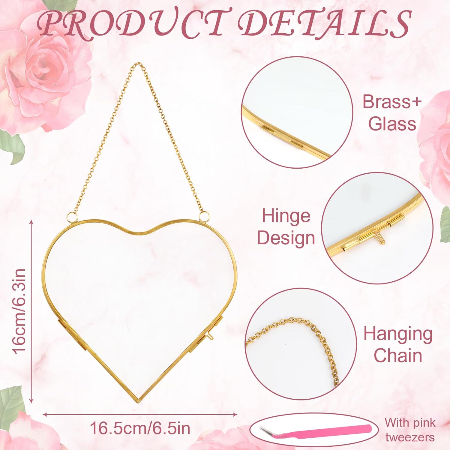 2PCS Glass Pressed Flower Frames, 6.5 Inch Heart Shaped Picture Frame Hanging Double Vintage Brass Photo Frame DIY Wall Decor for Valentine's Day Anniversary, Gold