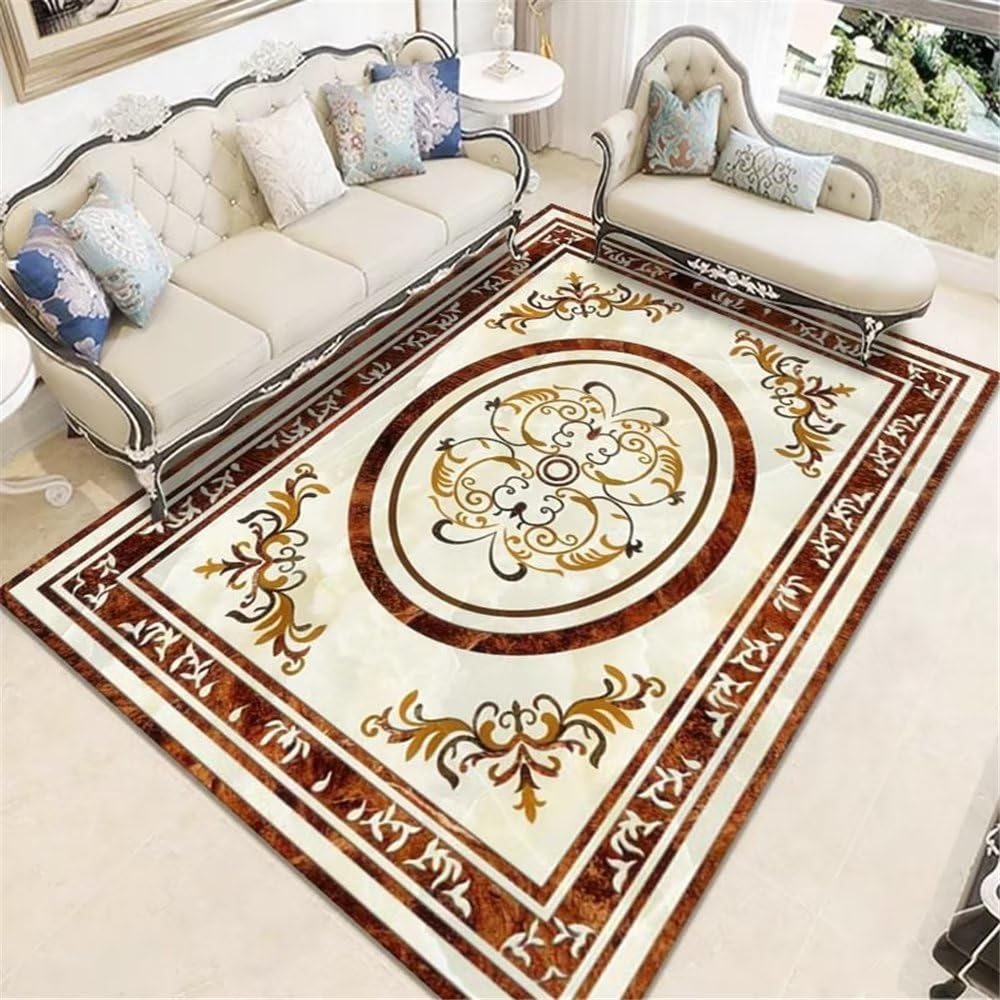 Tapis salon marron géométrique vintage et descente de lit