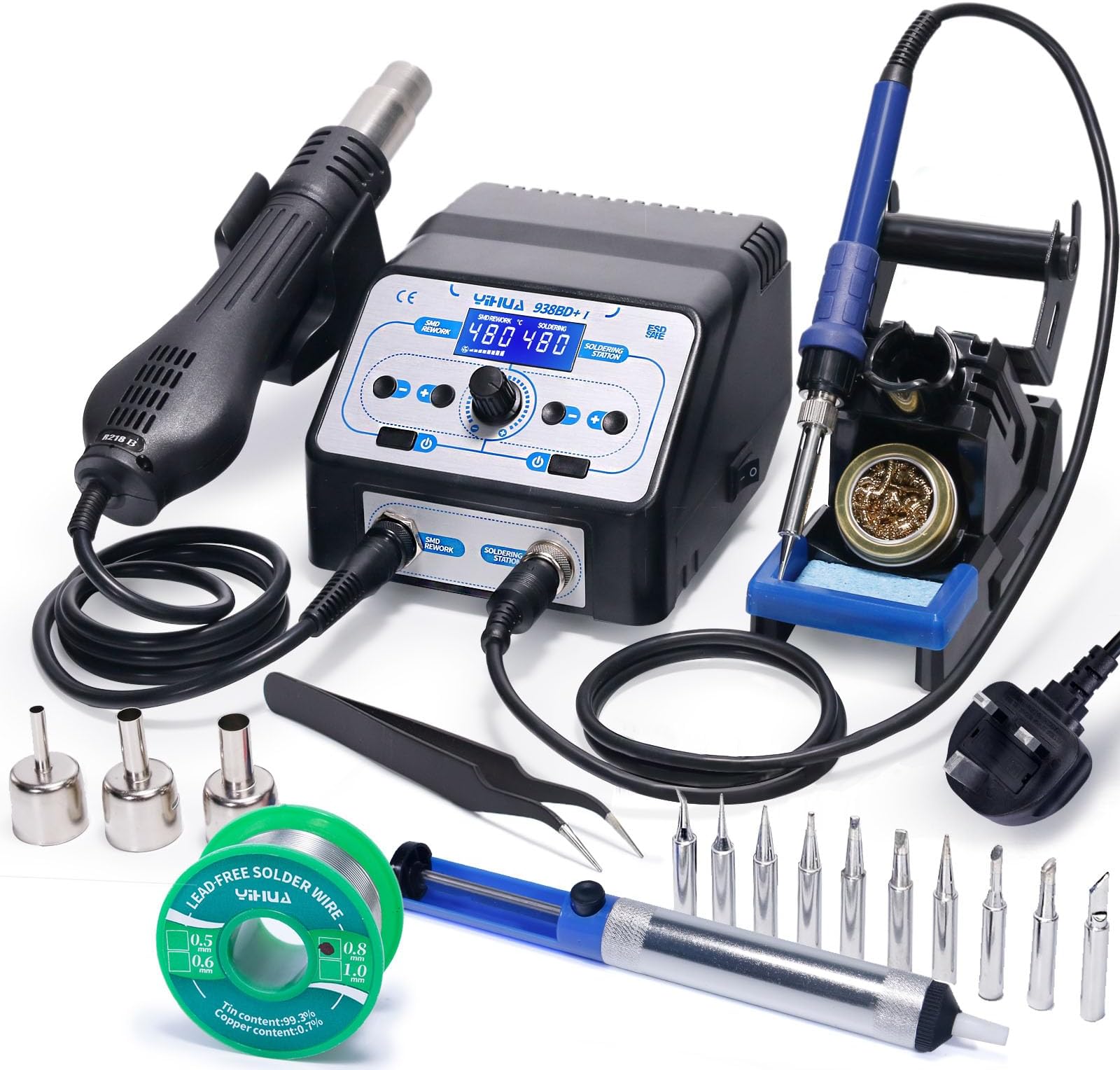 YIHUA 938BD+ I Soldering Iron Station & Hot Air Rework Station 2-in-1 w Adjustable Temperature Temperature Calibration Hot Air Start/Stop Sleep Mode LCD Display for Soldering Rework DIY UK Plug