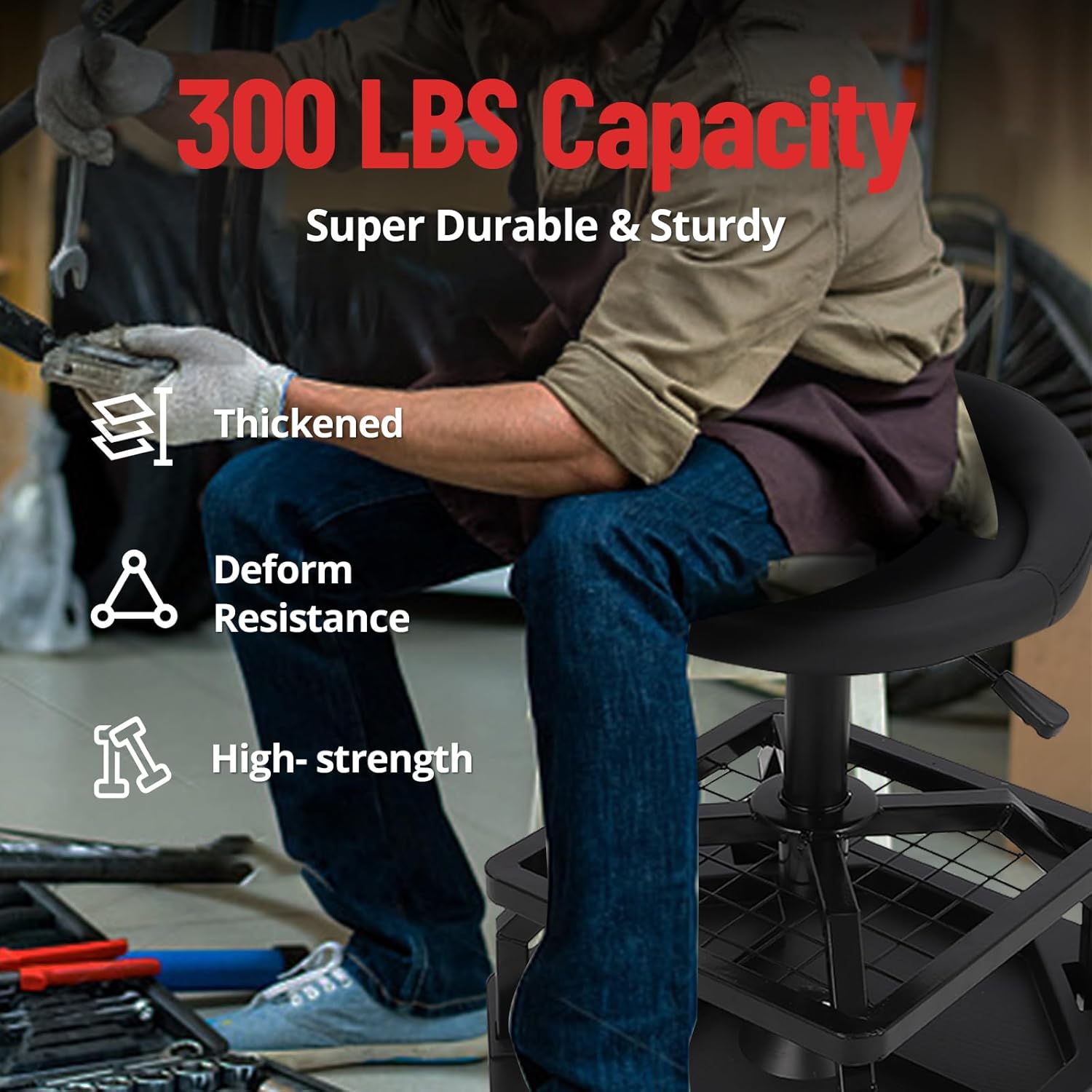 Rolling Garage Stool with Wheels, Mechanic Stool Adjustable Height, 360°Swivel, 300 LBS Capacity, Heavy Duty Garage, Durable Casters Rolling Shop Stool, Workshop