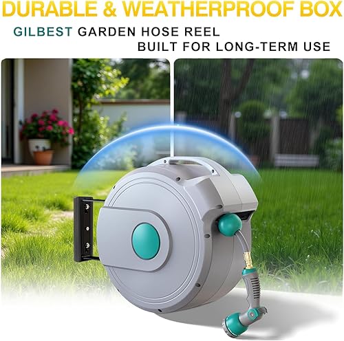 Miniatura 6 de Carrete de manguera de jardín retráctil de 100 pies x 12 pulgadas, carrete de manguera de agua para todo tipo de clima montado en la pared, bloqueo