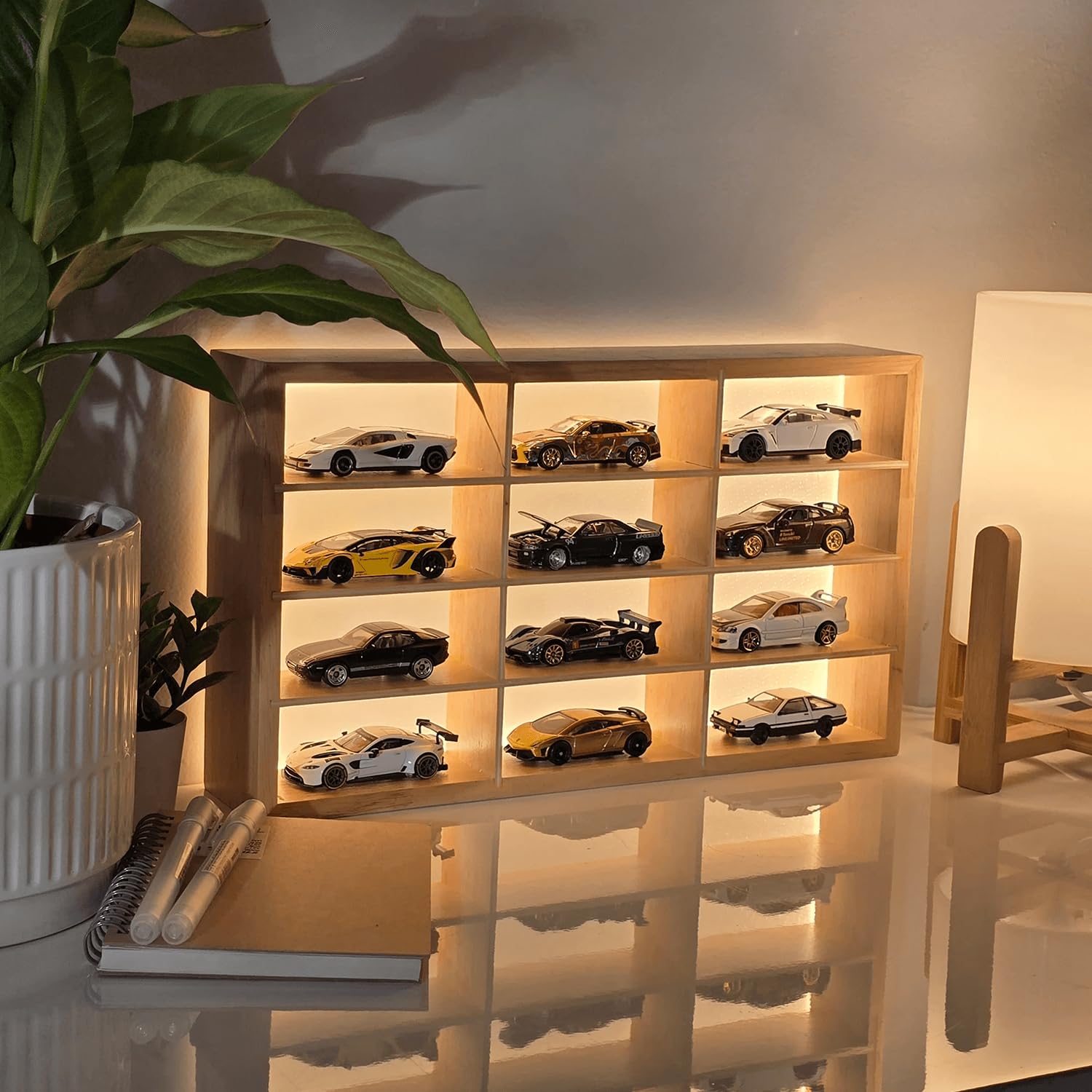 Wooden LED Display for Cars – Diecast Toy Car Stand, Lighting Display Rack for Kids Toys, Living Room, Balcony, Office Decor – Yellow (Without Toys) – Wooden Display for Diecast Cars (Pack of 2)-image-24
