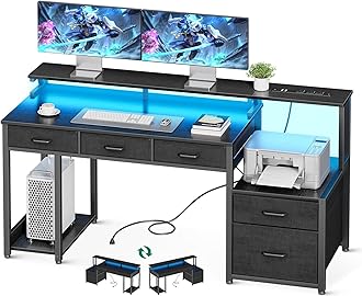 AODK 55 Inch Computer Desk with 3 Drawers and File Cabinet for Storage, Office Desk with Monitor Stand and LED Lights, Home Office Desks, Black