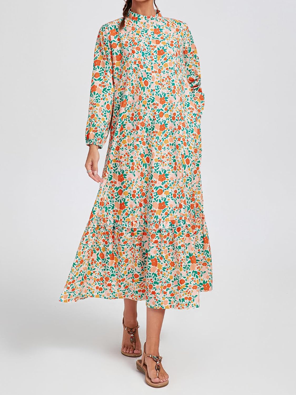 Fall Floral Long Sleeve Maxi Dress for Women Crew Neck Button Down Loose Flowy Boho Dresses 2025 - Image 4