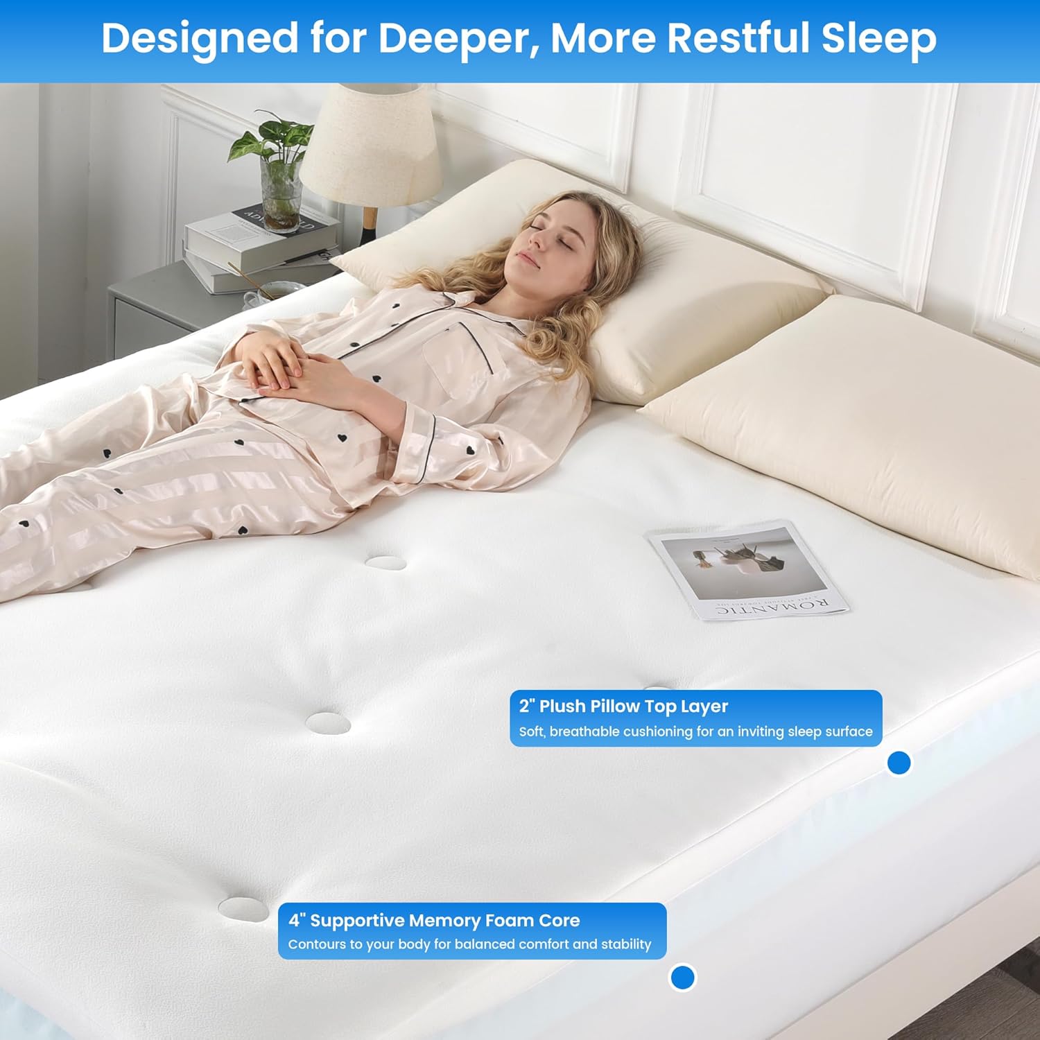 MABOZOO 6-Inch Thick Mattress Topper, Dual Layer Memory Foam Mattress Topper Pillow Top Cover for Back Pain Relief & Cloud-Like Comfort (King Size)