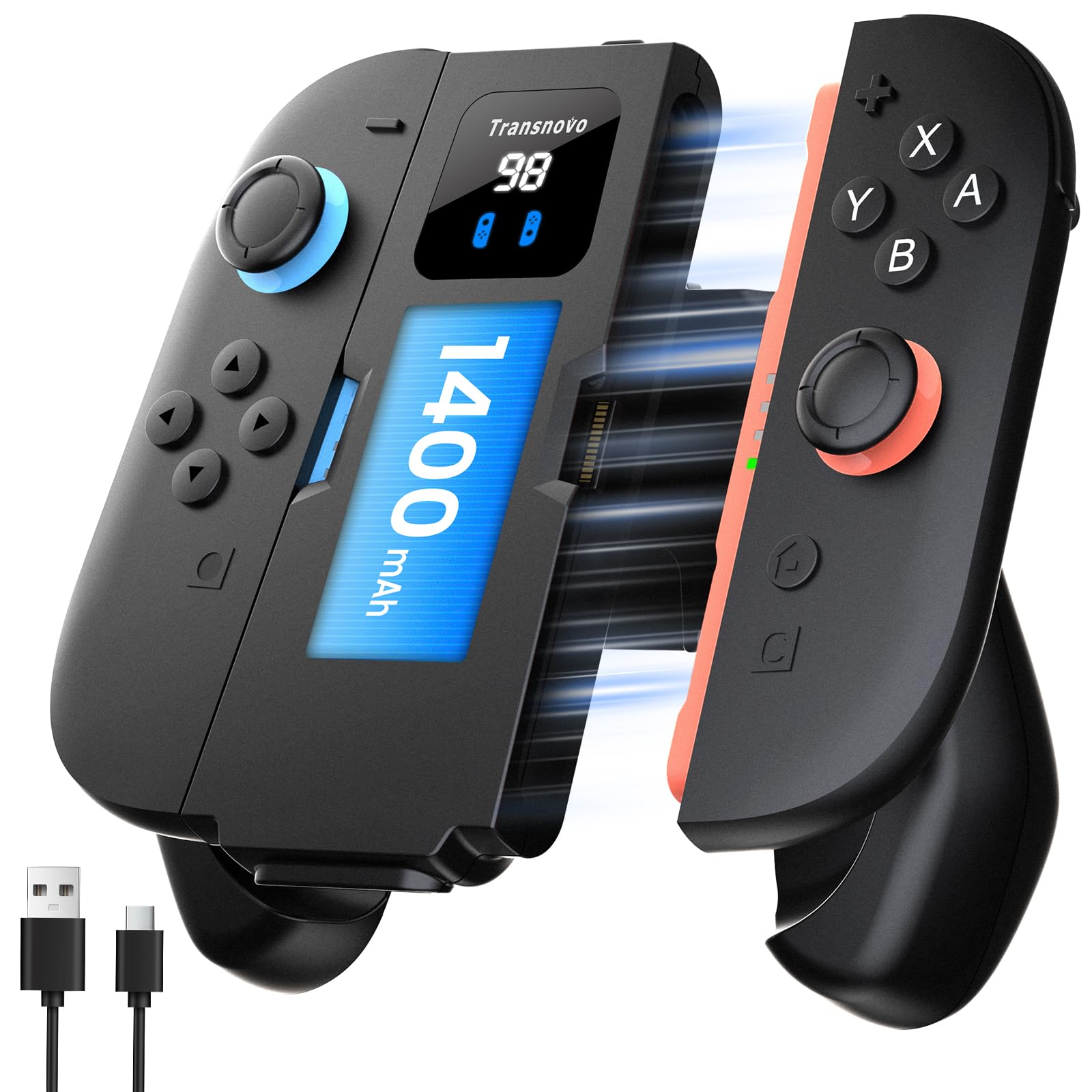 TRANSNOVO Poignée de Charge Joy Con 2 Compatible avec Switch 2 Manettes, Support de Recharge Magnétique avec Câble, Indicateur LED, Prise Ergonomique Antidérapante (Noir, 1400 mAh)