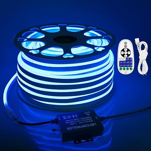 Miniatura 1 de Tira de luces LED de neón de 147.6 ft para exteriores, impermeable, 150 pies, AC110V  130 V, luz de neón azul, flexible, con controlador regulable,