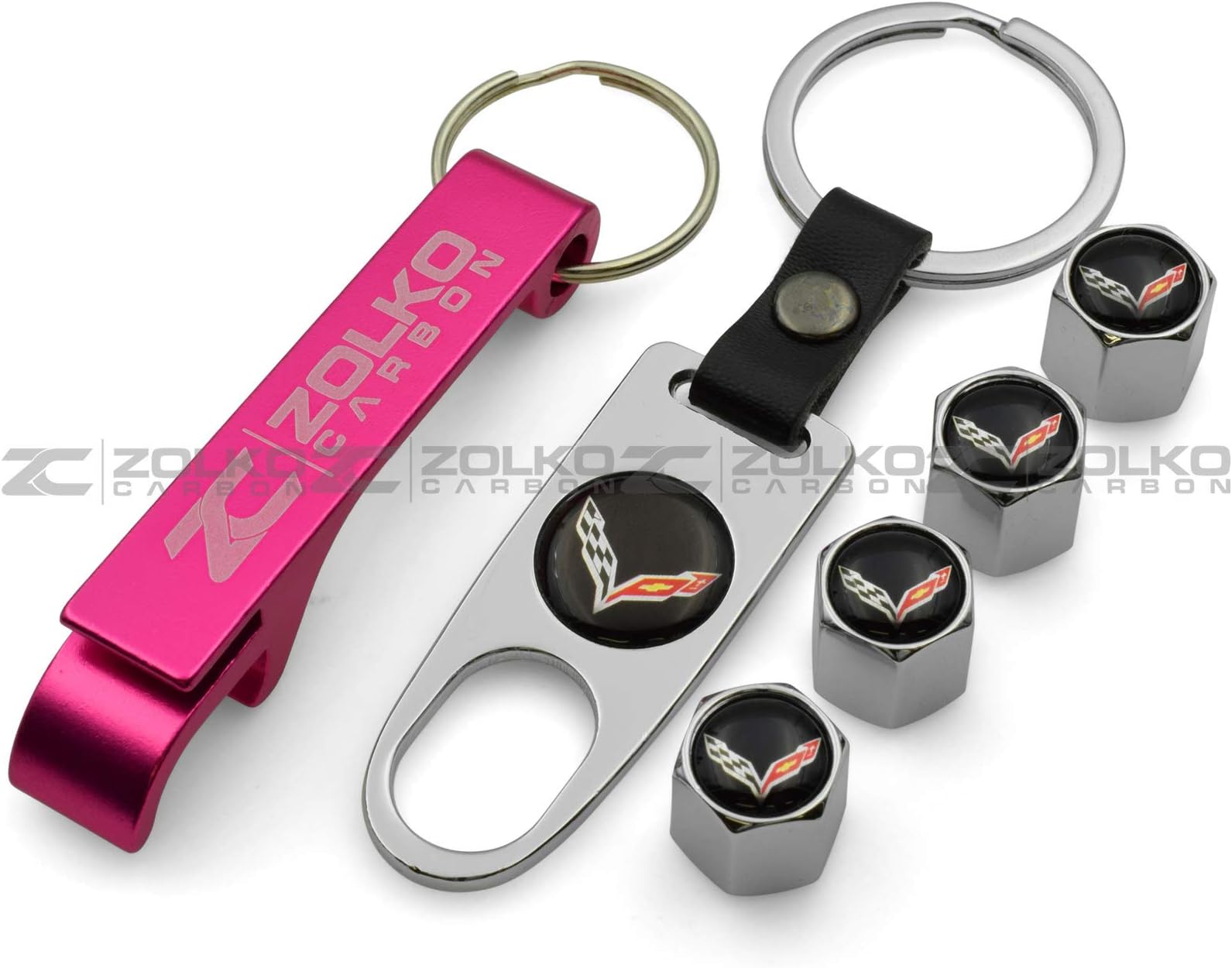 ZolkoCarbon Valve Stem Caps Keychain Chrome for Corvette