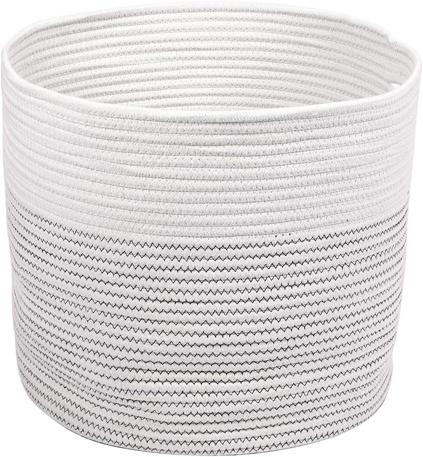 Jolly Jon Large Cotton Rope Storage Basket - Black & Ivory Off White Color - Woven Handles for Laundry & Toys - Magazine Container or Toy Bin - Nursery Organization & Baby Room - Stitched Baskets