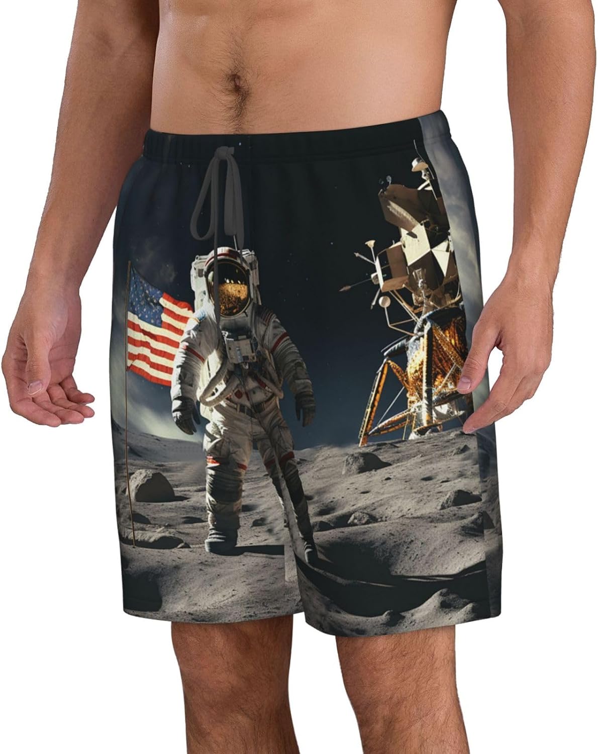 Men's Swim Trunks Quick Dry Beach Shorts Summer Bathing Suit Astronaut Landing on The Moon Swimwear Beachwear with Pockets