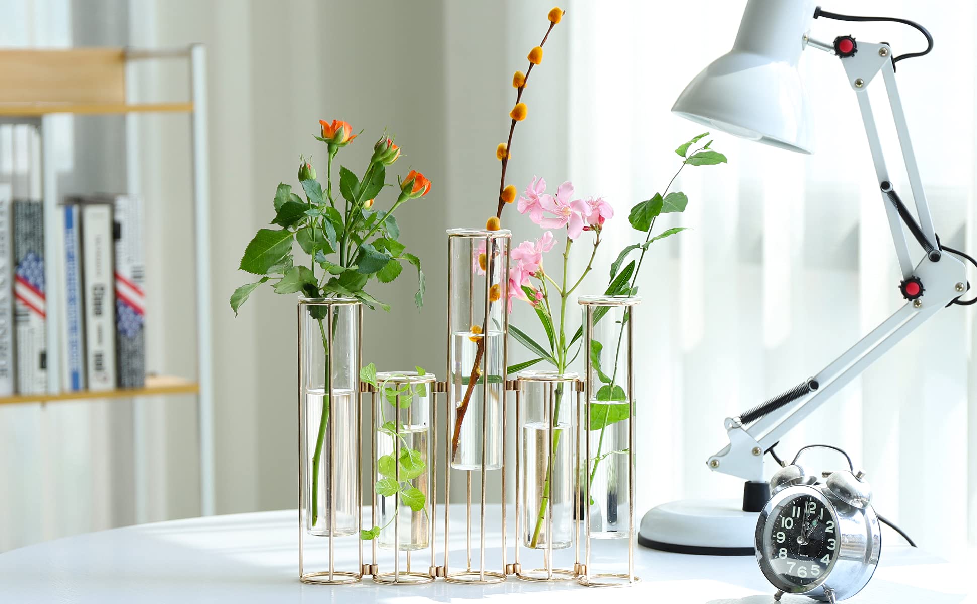 Reagenzglas-Vase für Blumen, Glasvase mit Metallständer, Hydrokultur-Reagenzglasvase, 5er-Set, goldfarbene Scharnier-Pflanzenvasen, Display-Set, Tischdekoration, Vase für Heimdekoration