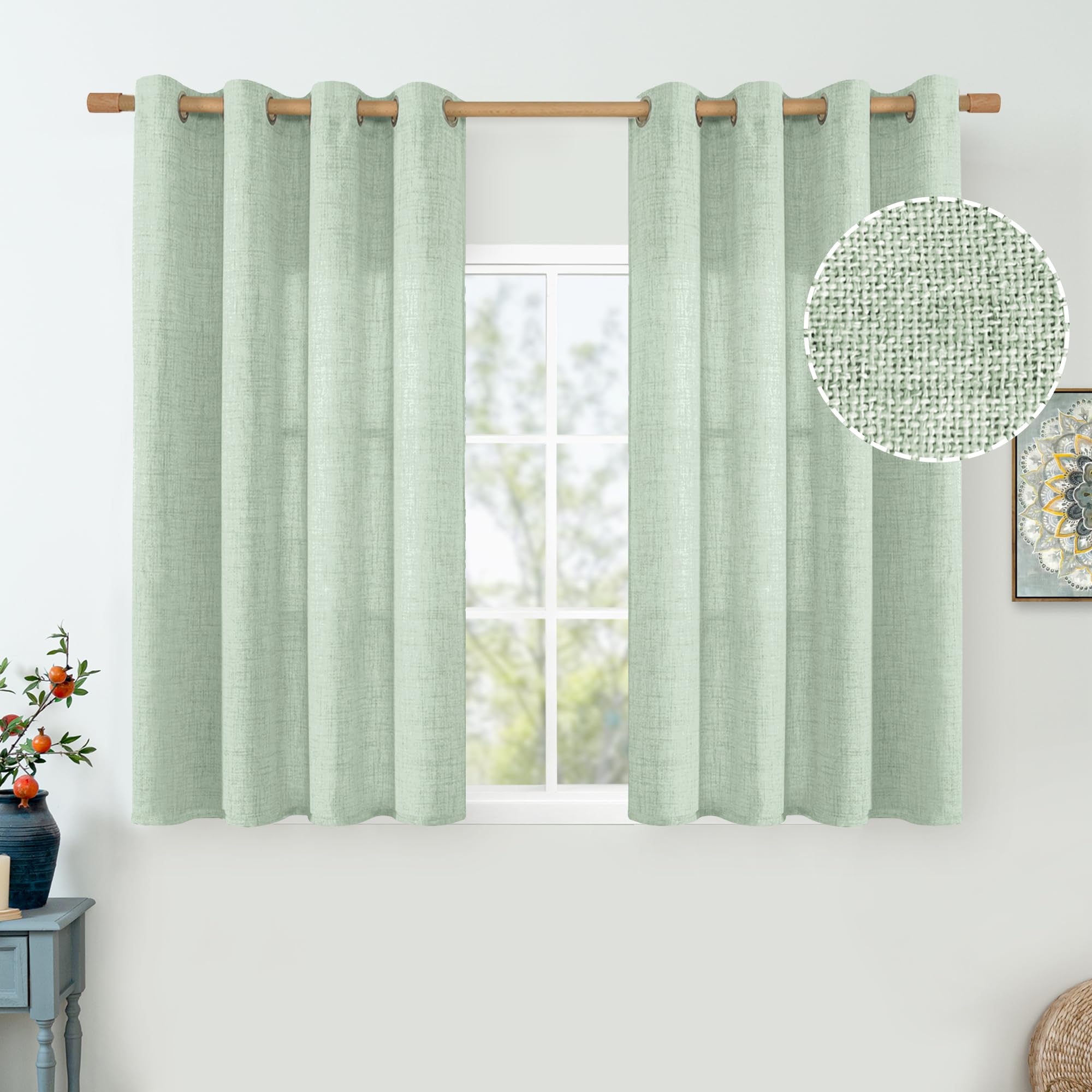 QUEMAS Linen Curtains 54 Inch Length 2 Panels, Sage Semi Sheer Curtains Light Filtering Burlap Textured Non See Through Grommet Curtains for Bedroom Farmhouse, 52 Inch Wide, Sage Green