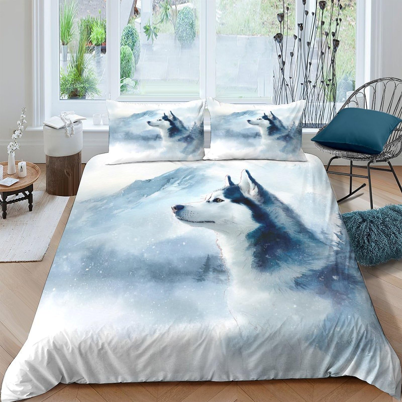 TUFRTGYHN 3D Printed Husky Wolf Mountain Duvet Cover Set Microfiber Soft Breathable Bedding with 2 Pillowcases for Bedroom Decor Single（135x200cm）