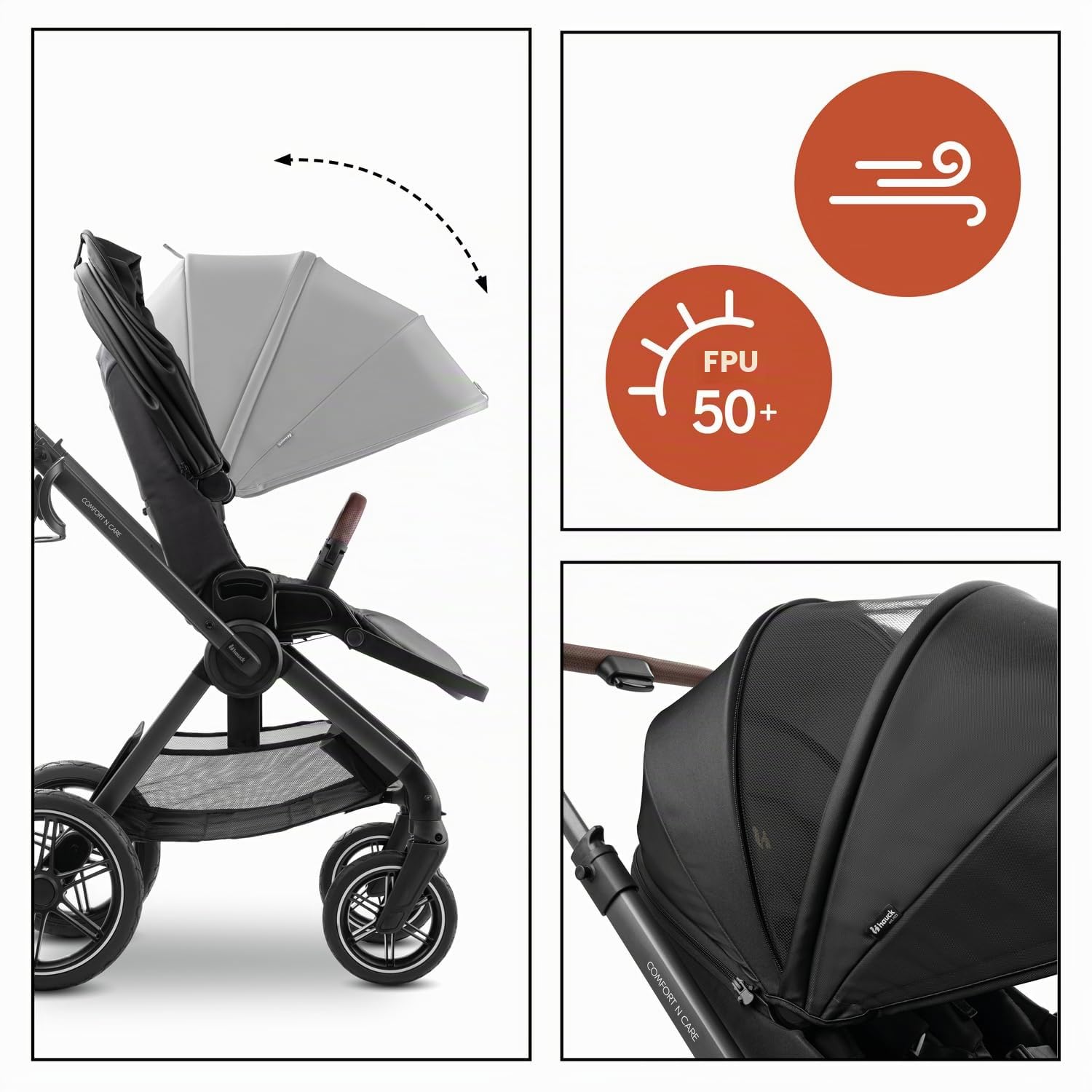 hauck Poussette Compacte, Couvre Jambes et Canopy XL, Comfort N Care Black | Grandes roues caoutchouc, poignée réglable, siège réversible, UPF 50+, position allongée dès la naissance à 22 kg / 4 ans