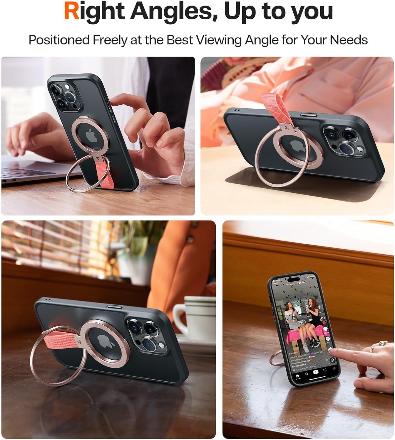 TORRAS 2025 Upgrade (Gen 6.0) Magnetic Phone Grip Holder Kickstand with Braided Strap, Fit for MagSafe Ring Removable, for iPhone 17 16,15, 14, 13 12 Pro/Max Samsung, Google (Rose Gold), Ostand Ring