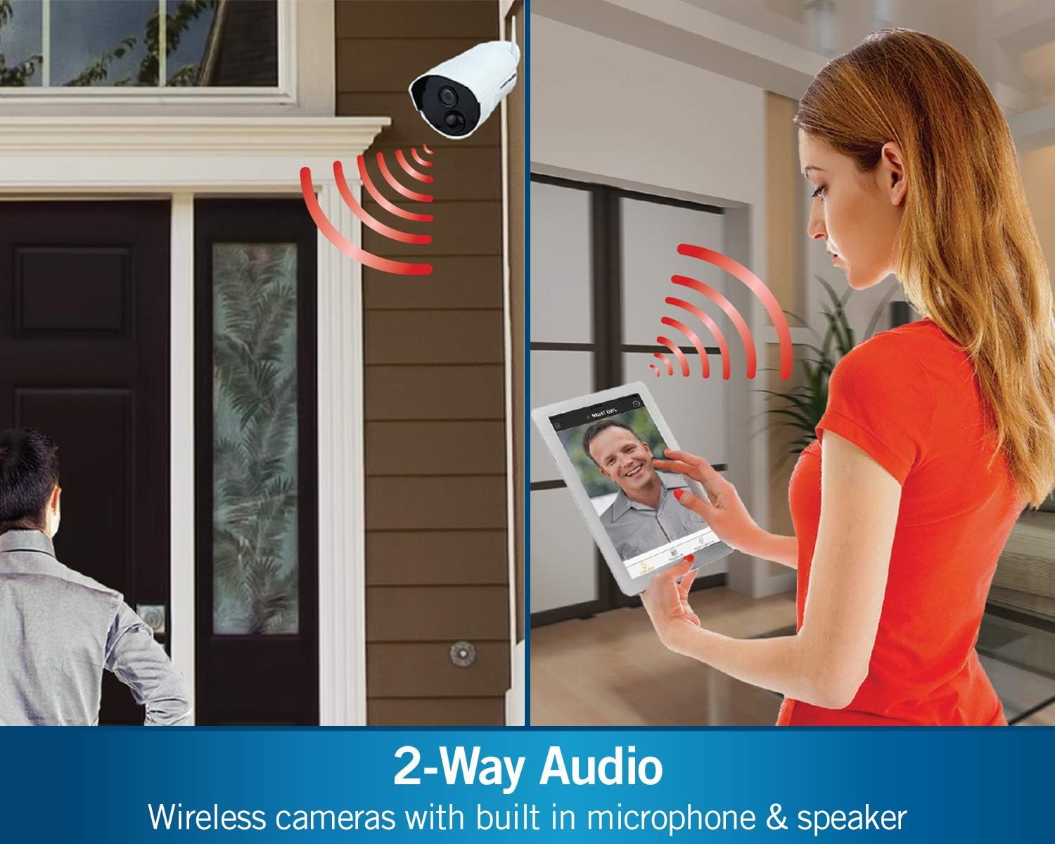 A woman interacting with someone at her front door via a tablet, using the camera's two-way audio feature.