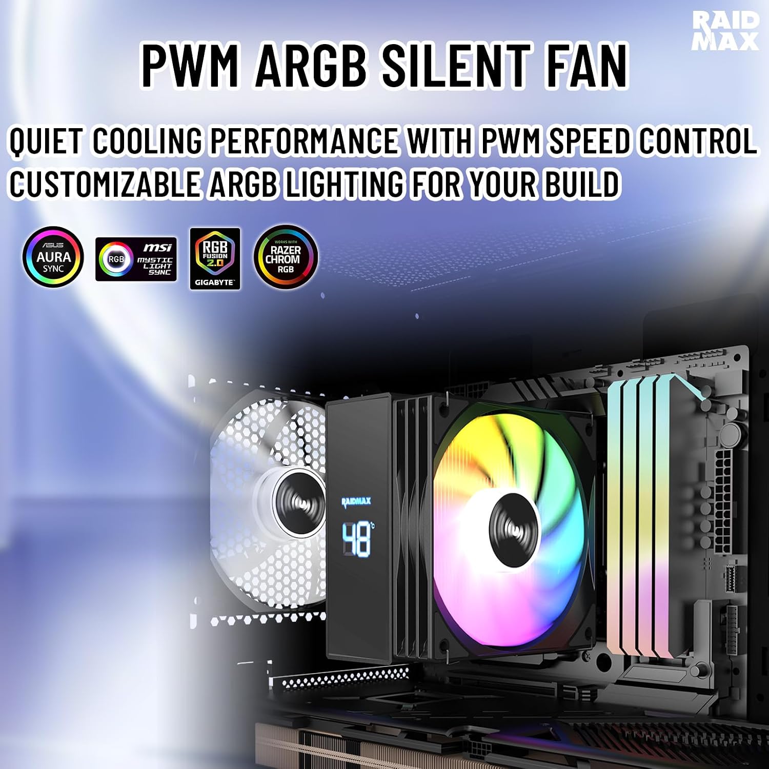RAIDMAX AM1204 Digital Display CPU Air Cooler, 120mm PWM ARGB Fan, 4 Heat Pipes, Hydraulic Bearing, Real-Time Temperature Display, 200W TDP, LGA 1851/AM5 Compatible, 151mm Height (Black)