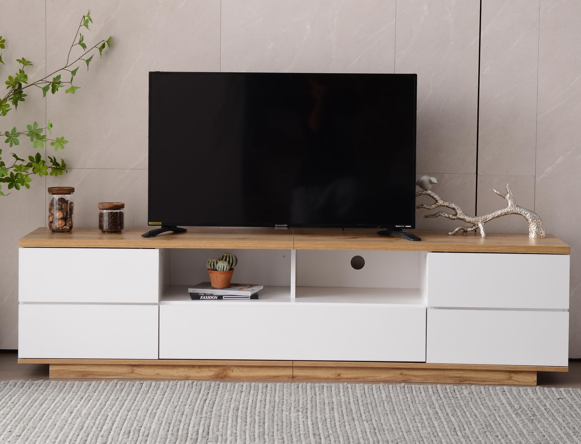 Moimhear Moderno armario de TV con bloques de color en acabado blanco, armario de TV con veta de madera, 180 cm