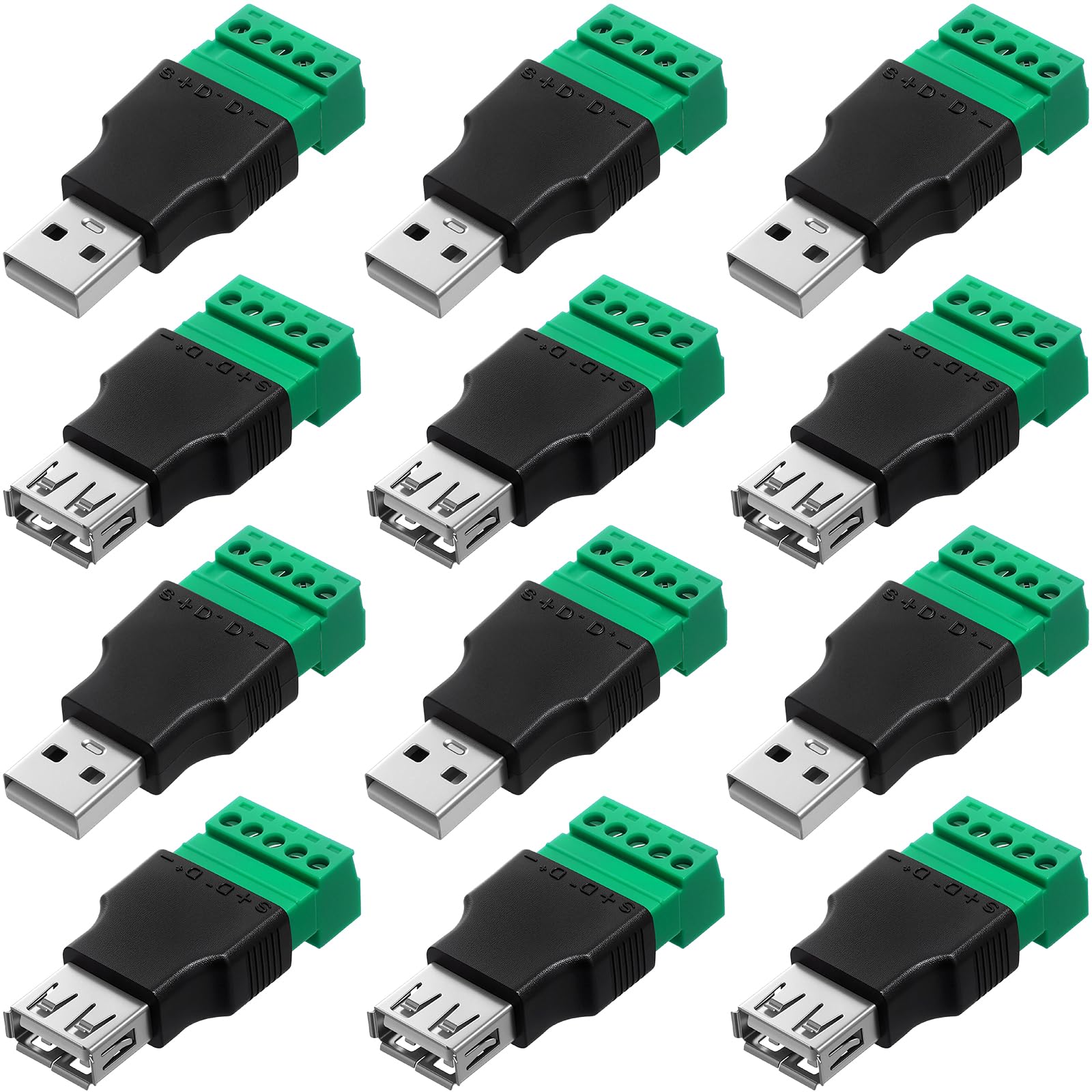 Tellegloww 12 Pcs USB 2.0 a Screw Terminal Block Adapter Connector Bulk USB 2.0 a Male Female to 5 Pin Bolt Portable Pluggable Screw Terminal Adapter