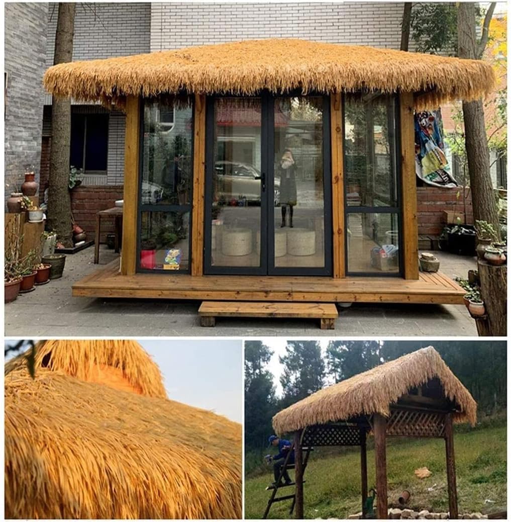 Palm Thatch Roll 100x50cm Artificial Simulation Thatch Tile Fake Palm Straw PE Plastic Fake Grass Durable Flame Retardant for Bar Wooden House Roof Decoration(Yellow e,0.5x4m/1.64X13.1ft)