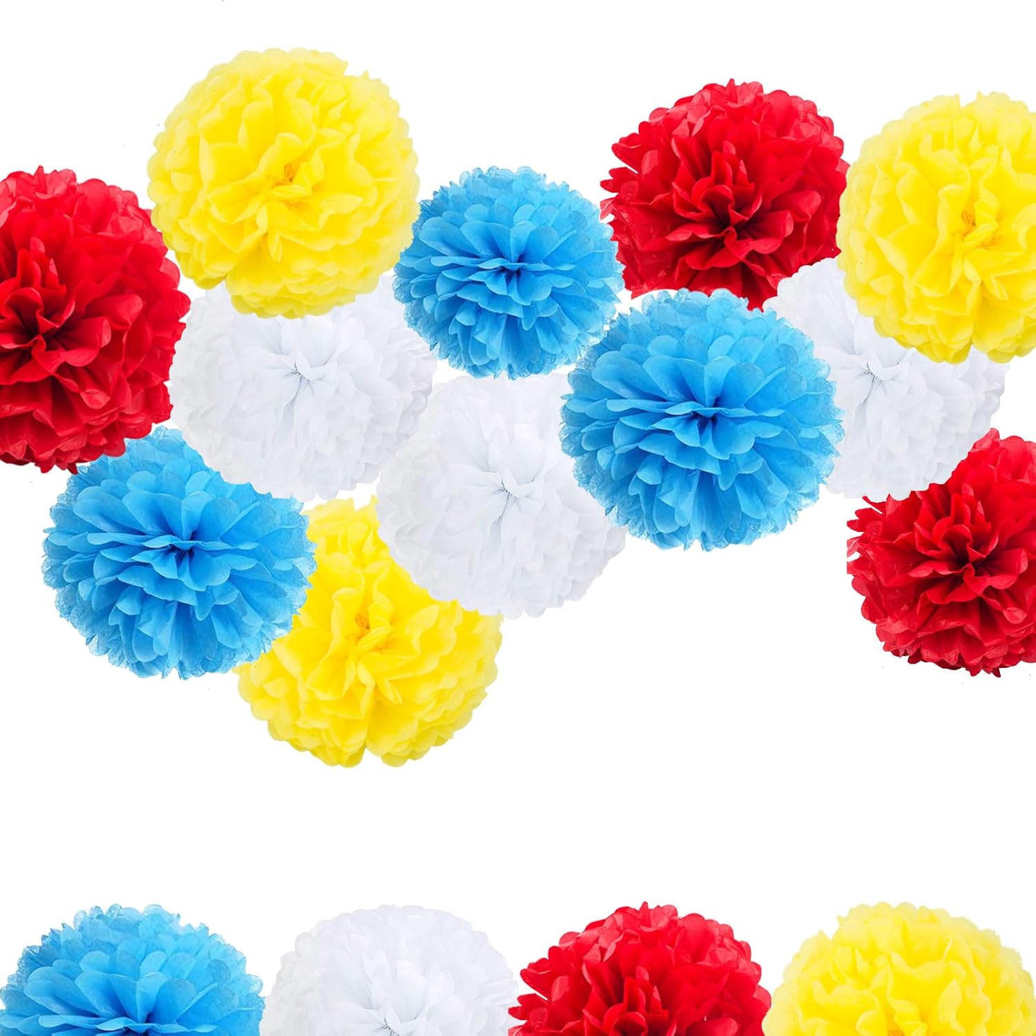 AimtoHome 12 Piece Red Blue White Yellow Paper Pom Poms Party Kit ,Tissue Pom Pom Decorations for Birthday Party, Family Gathering,Wedding Decoration, Boy or Girl Nursery Decoration