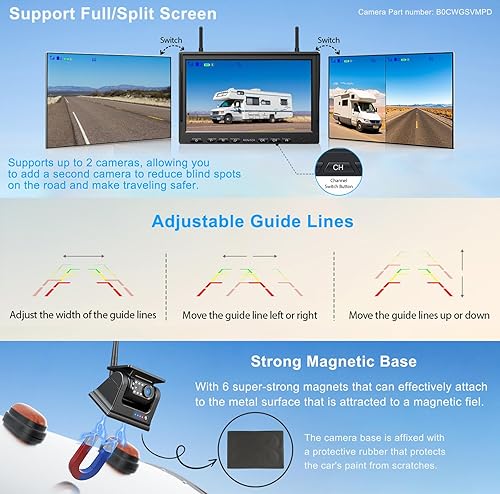Miniatura 7 de ZEROXCLUB Cámara de respaldo inalámbrica solar magnética HD 1080P 10 pulgadas DVR Monitor, doble cámara RV sistema inalámbrico para enganche,