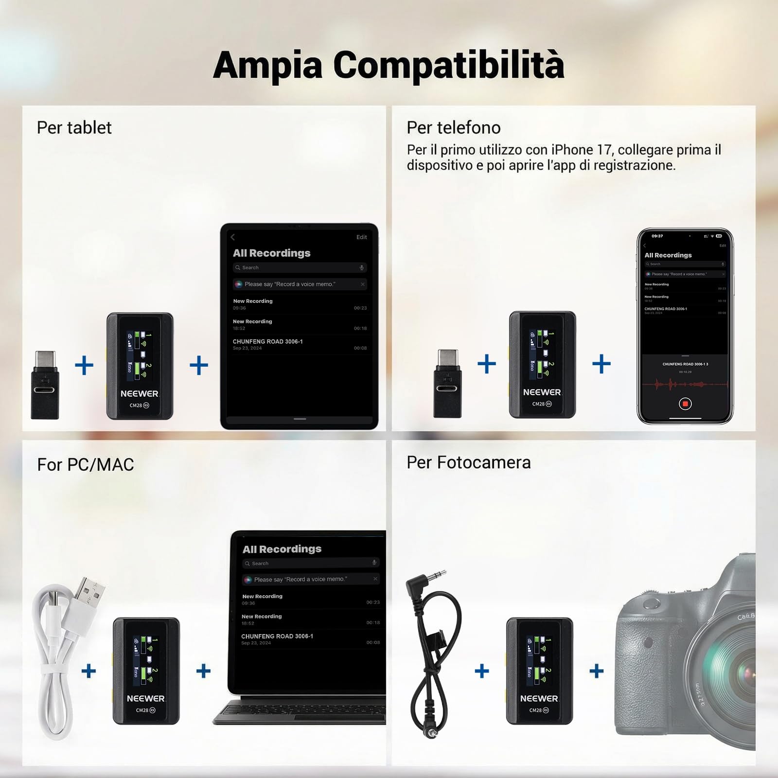 NEEWER CM28 Microfono Lavalier Wireless con Anti Rumore Smart, Registrazione Non Compressa a 48kHz/16bit per 9h, Portata 200m, Memoria 4GB per iPhone Android Fotocamera,1 RX+ 2 TX + Custodia Ricarica