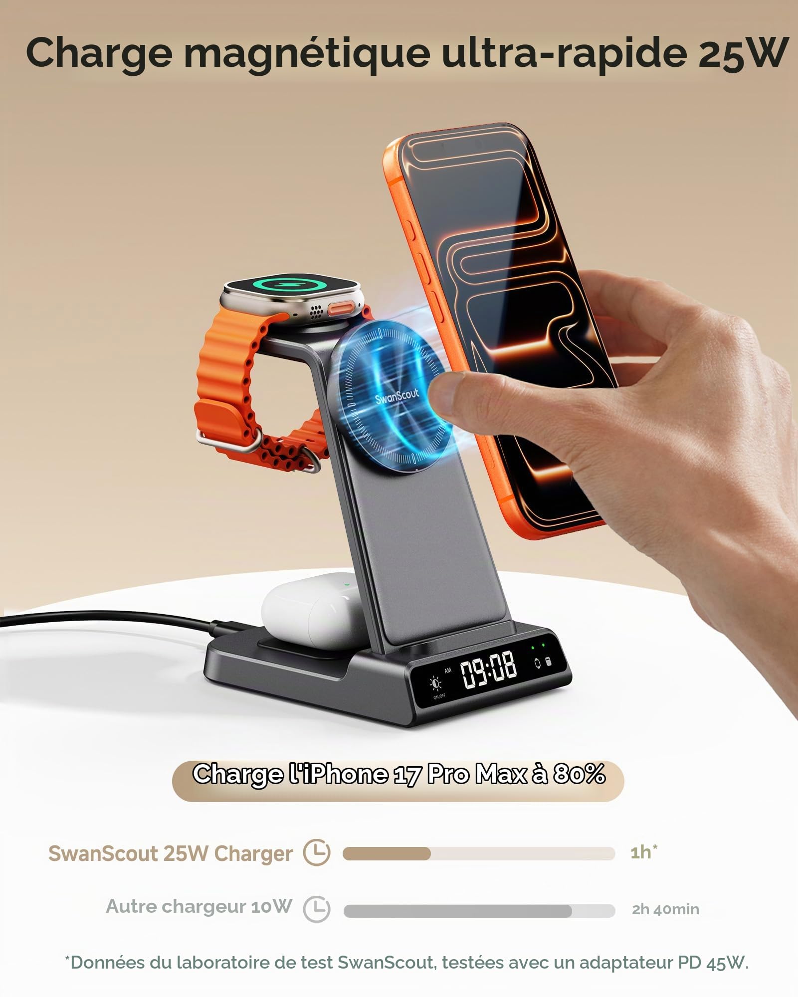25W Rapide Chargeur Induction Magnétique pour iPhone, Apple Watch & Airpods