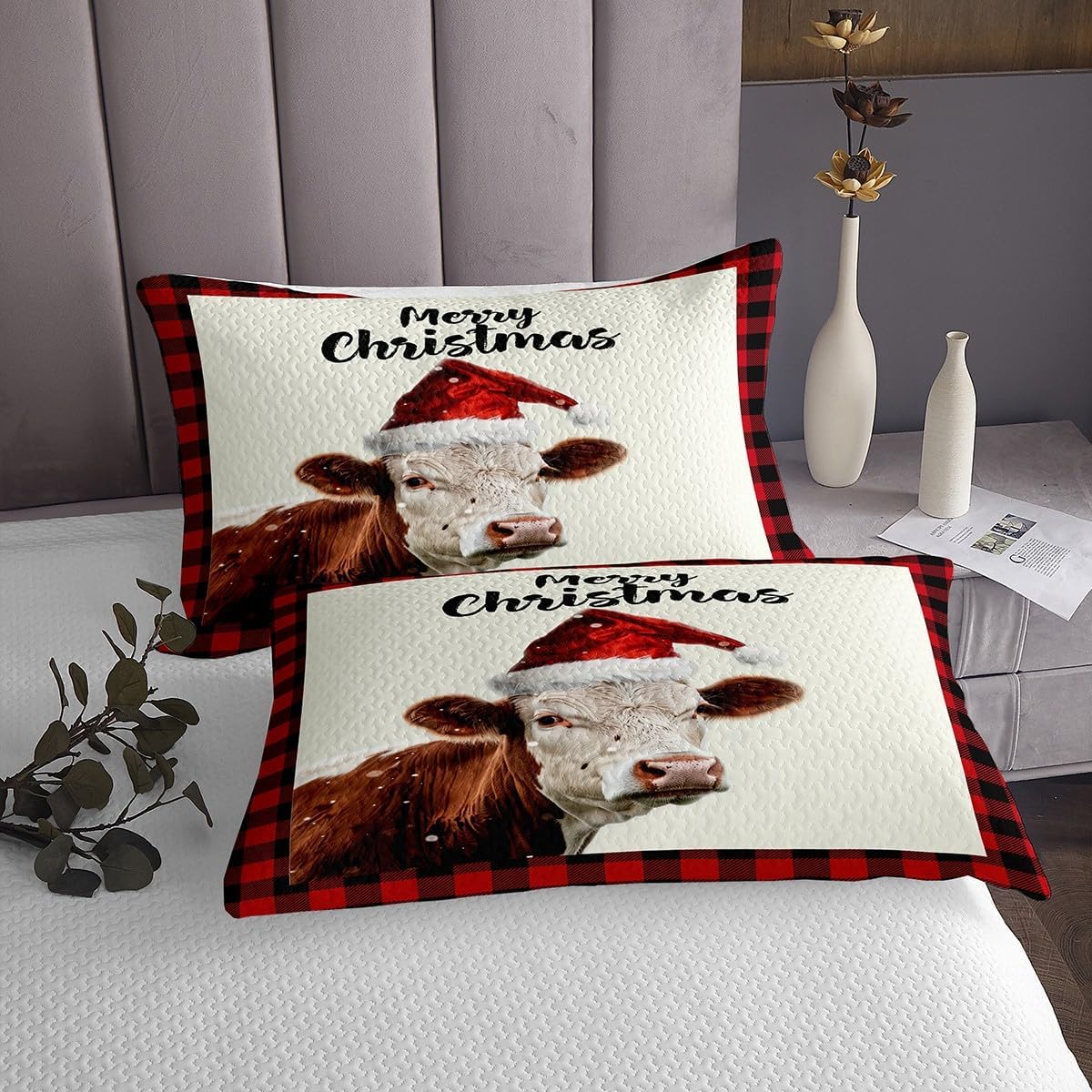 Vintage Cabin Red Plaid Bedspread King,Xmas Cow Cattle Animal Quilted Coverlet 3pcs for Adults Teens Room Decor,Christmas Farmhouse Soft Breathable Bedding Quilt