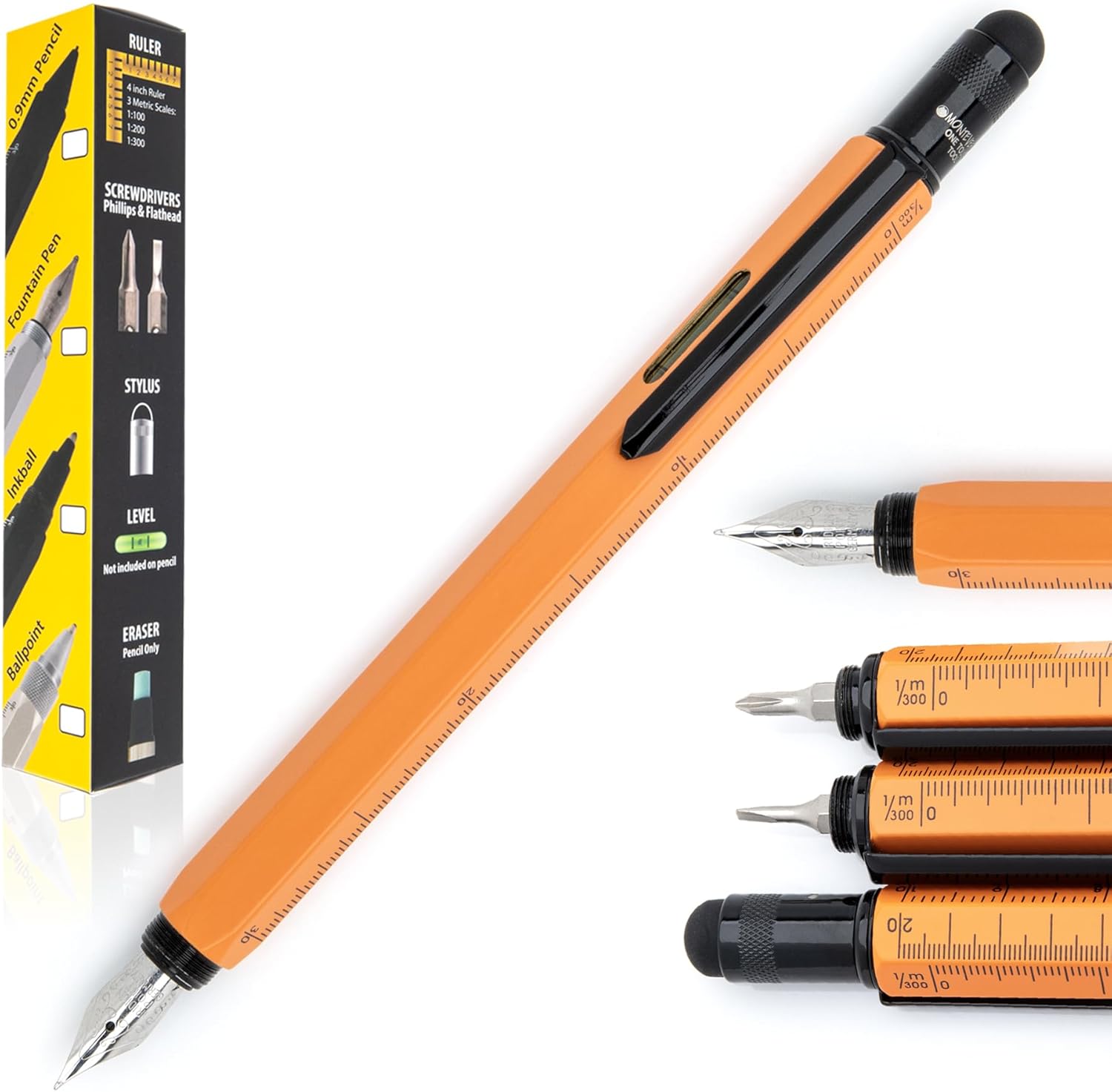 Monteverde USA 9-in-1 Tool Fountain Pen in Orange – Medium Nib, Multifunctional Pen with Stylus, Screwdrivers, Level, and Ruler – Exclusive Collection, Ideal Gift for Professionals