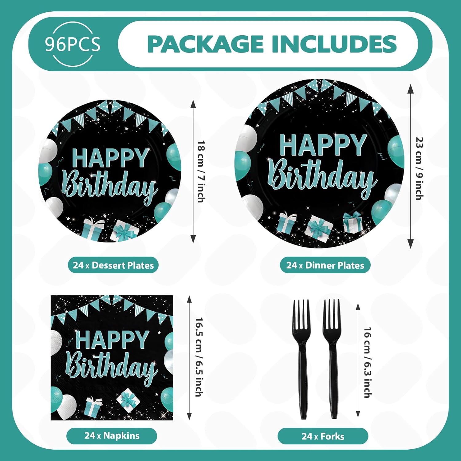 96 Pcs Happy Birthday Party Supplies Teal Blue and Black Decorations 350 GSM Disposable Turquoise Birthday Party Plates and Napkins Set Teal Blue Black Decorations for Kids Adults Serves 24