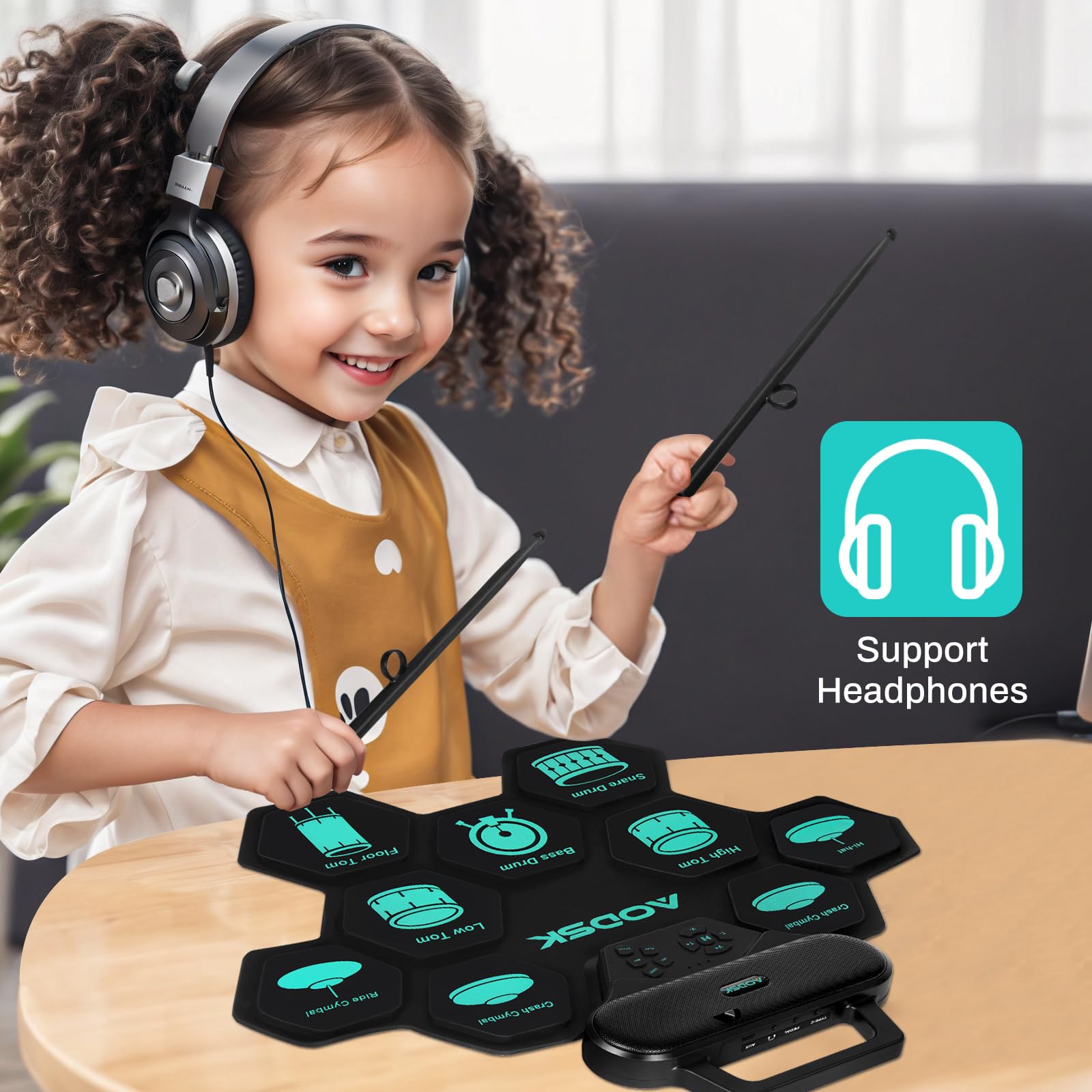 AODSK Set batteria elettronica, 9 pad per esercitarsi con jack per cuffie, macchina arrotolabile con altoparlante integrato, pedali, bacchette, ottimo regalo per Natale, compleanno
