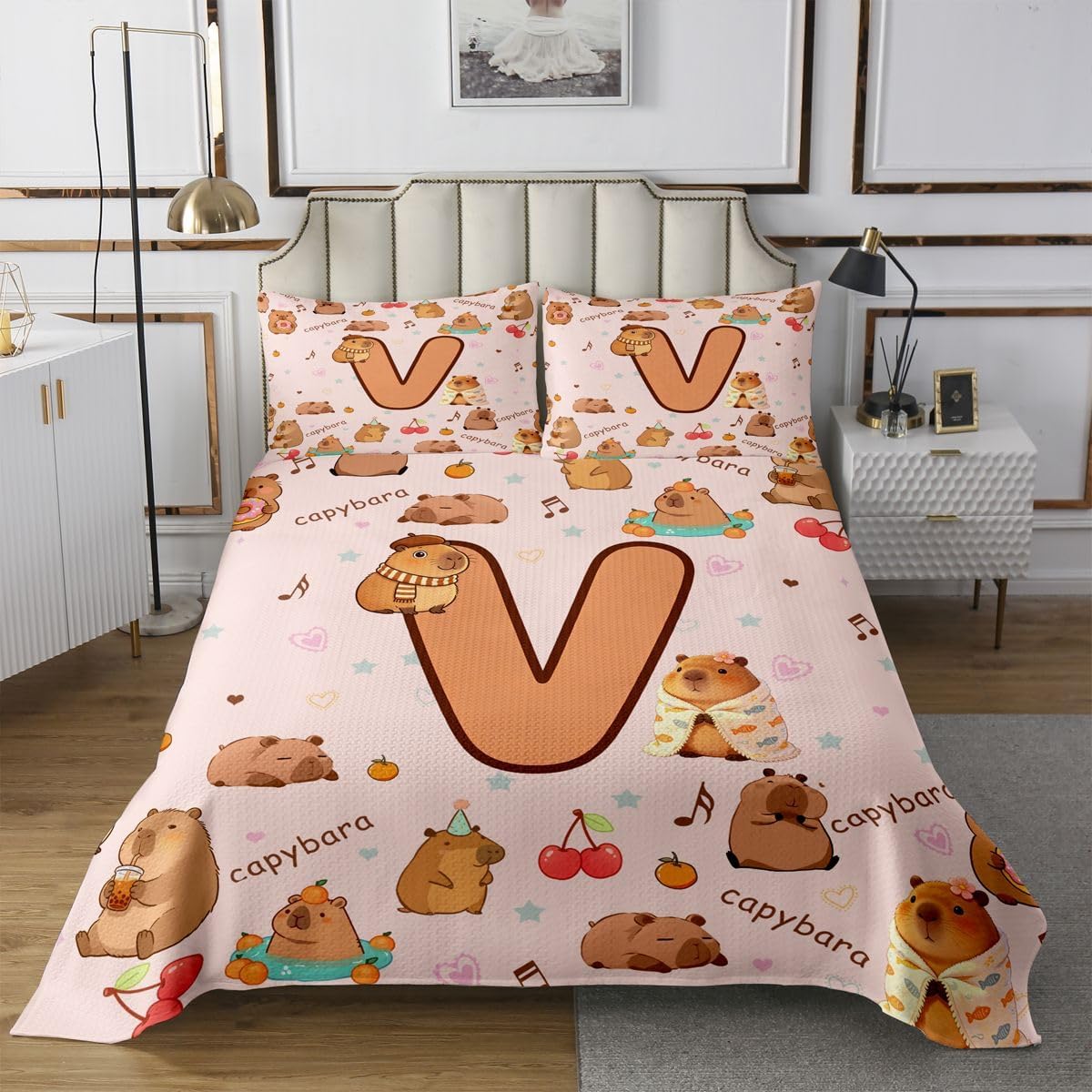 jejeloiu Cartoon Capybara Bedspread Twin Size Initial Letter V Coverlet Set Cute Animals Quilted Coverlet for All Season with 1 Pillowcase Capybara Lovers Microfiber Lightweight