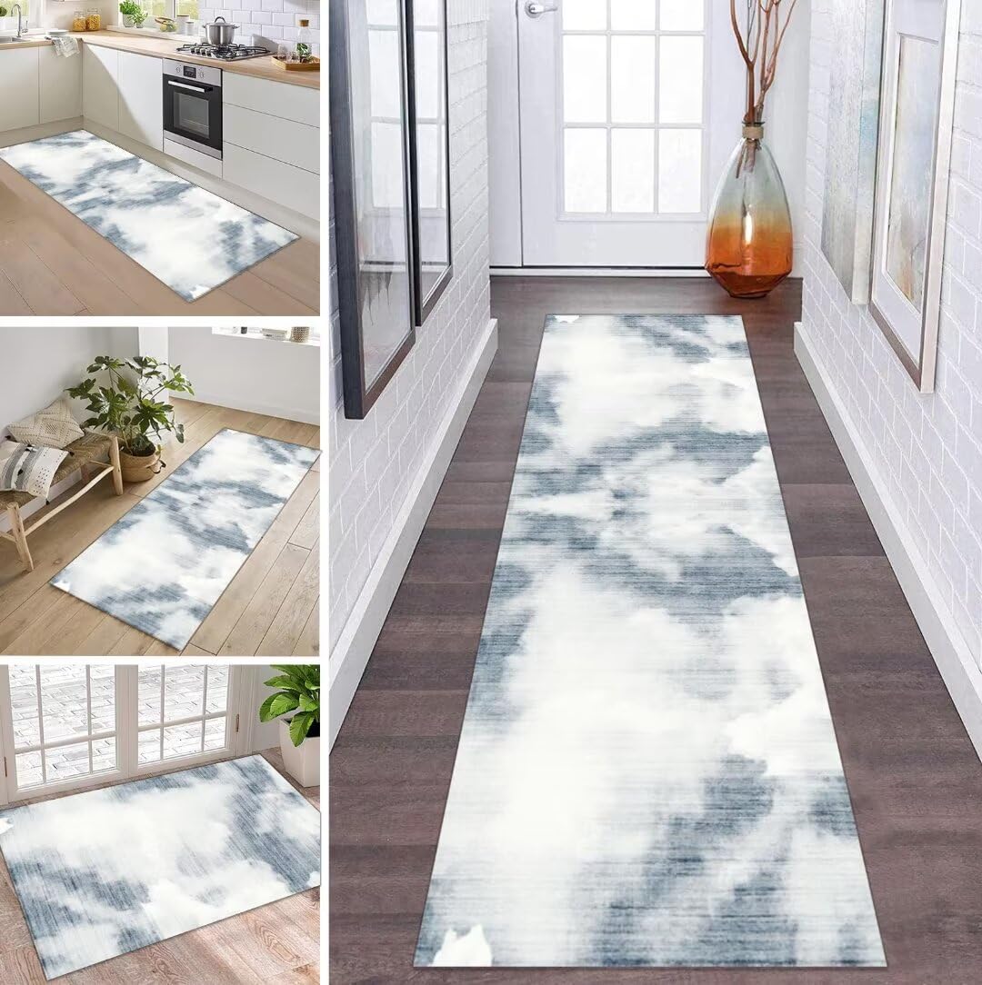 Tapis de couloir antidérapant lavable motif géométrique gris bleu 40x60cm