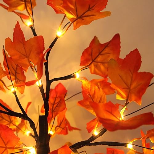 Miniatura 8 de Paquete de 4 luces artificiales de 2 pies de árbol de arce iluminado para otoño, 96 luces LED, decoración de Acción de Gracias, luces de árbol