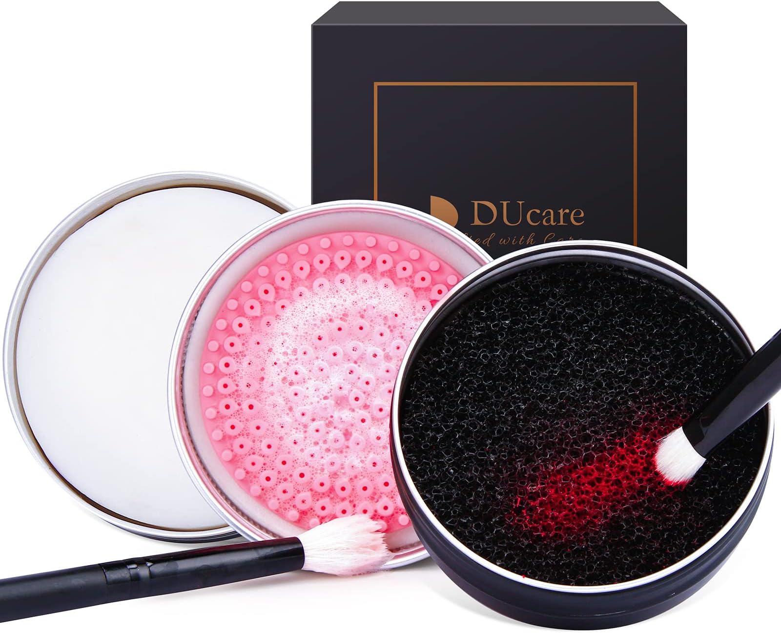 Makeup Brush Clean Set: Solid Soap Cleanser & Color Removal Sponge - Easy to Clean Brushes Shampoo Removes Shadow Color Cosmetic Colors Cruelty Free for Daily Use Travel Set (2Pcs,Coconut Oil)