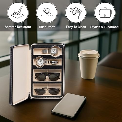 Miniatura 3 de Bey-Berk Estuche de cuero genuino personalizado para dos relojes y gafas de sollentes de viaje con compartimentos ajustados