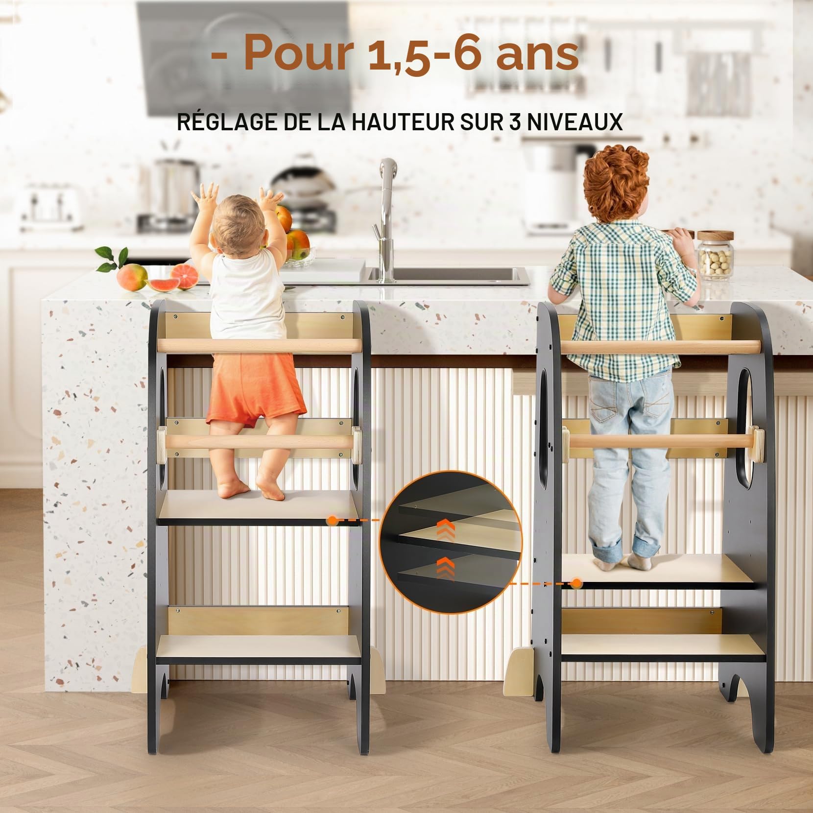Ezebaby Tour d'apprentissage pour Enfants, Tour d'apprentissage 3 Hauteurs Réglables, Tour d'observation Enfant Montessori, Tour Eveil Bébé en Bois (Noir)