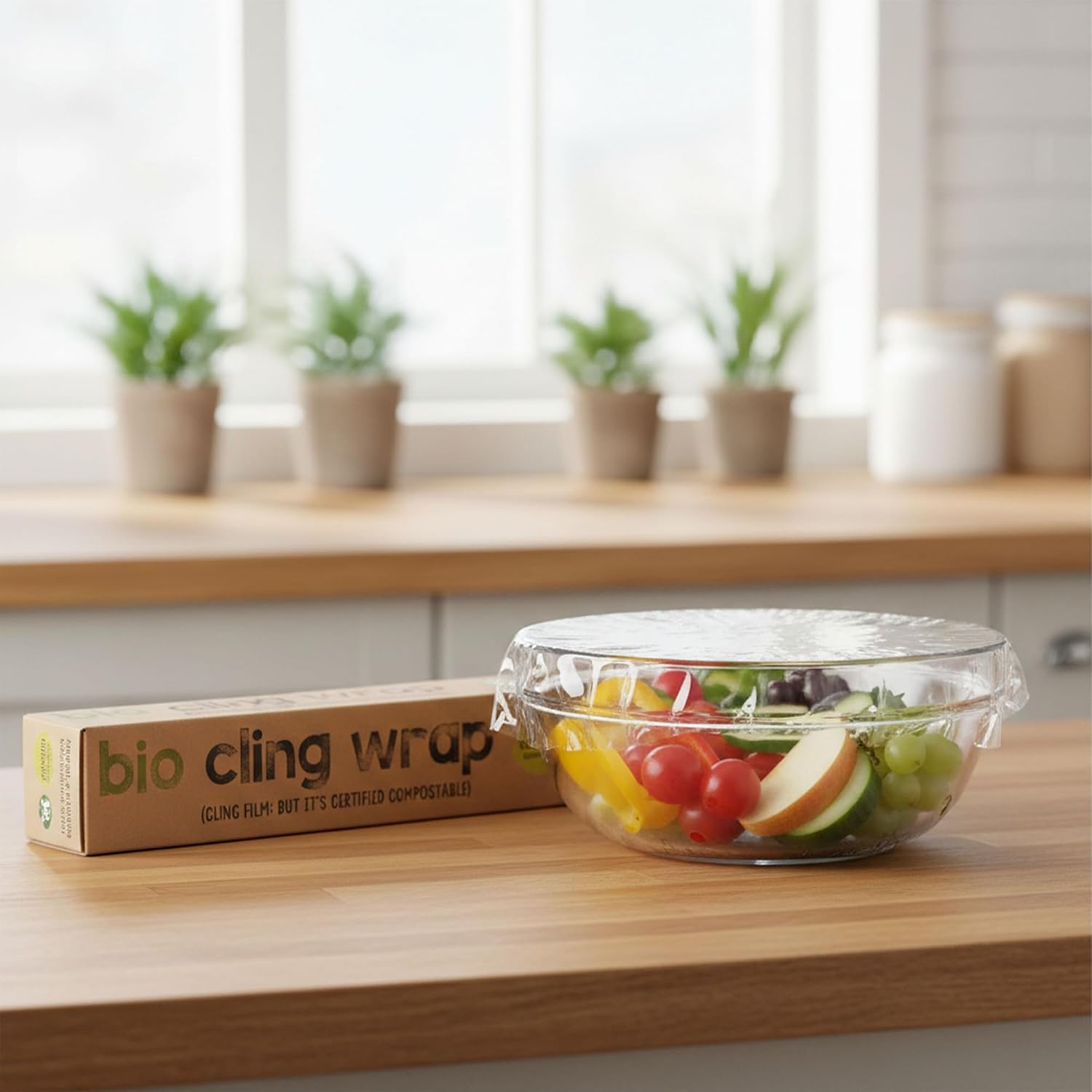 Eco Green Living Biodegradable Cling Film Bio Cling Wrap 100% Compostable, BPA & Plastic-Free Food Wrap, Vegan, Fridge & Freezer Safe, Recyclable Cardboard Dispenser. 4 Pack 30cm x 30m
