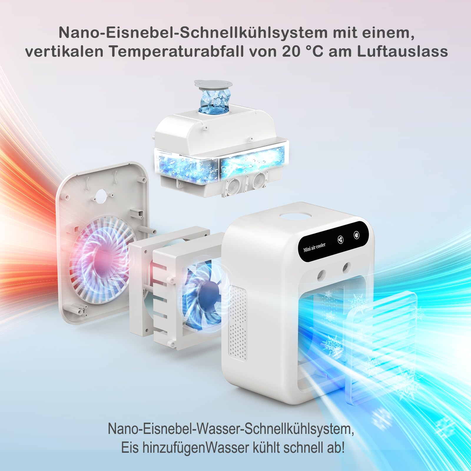 Mobile Klimaanlage, Tragbare Luftkühlgerät, 500ml Wasserbehälter, 2 Lüftungsstufen, 2 Sprühmodi, Mini Klimatisierung für Schlafzimmer Camping Weiß