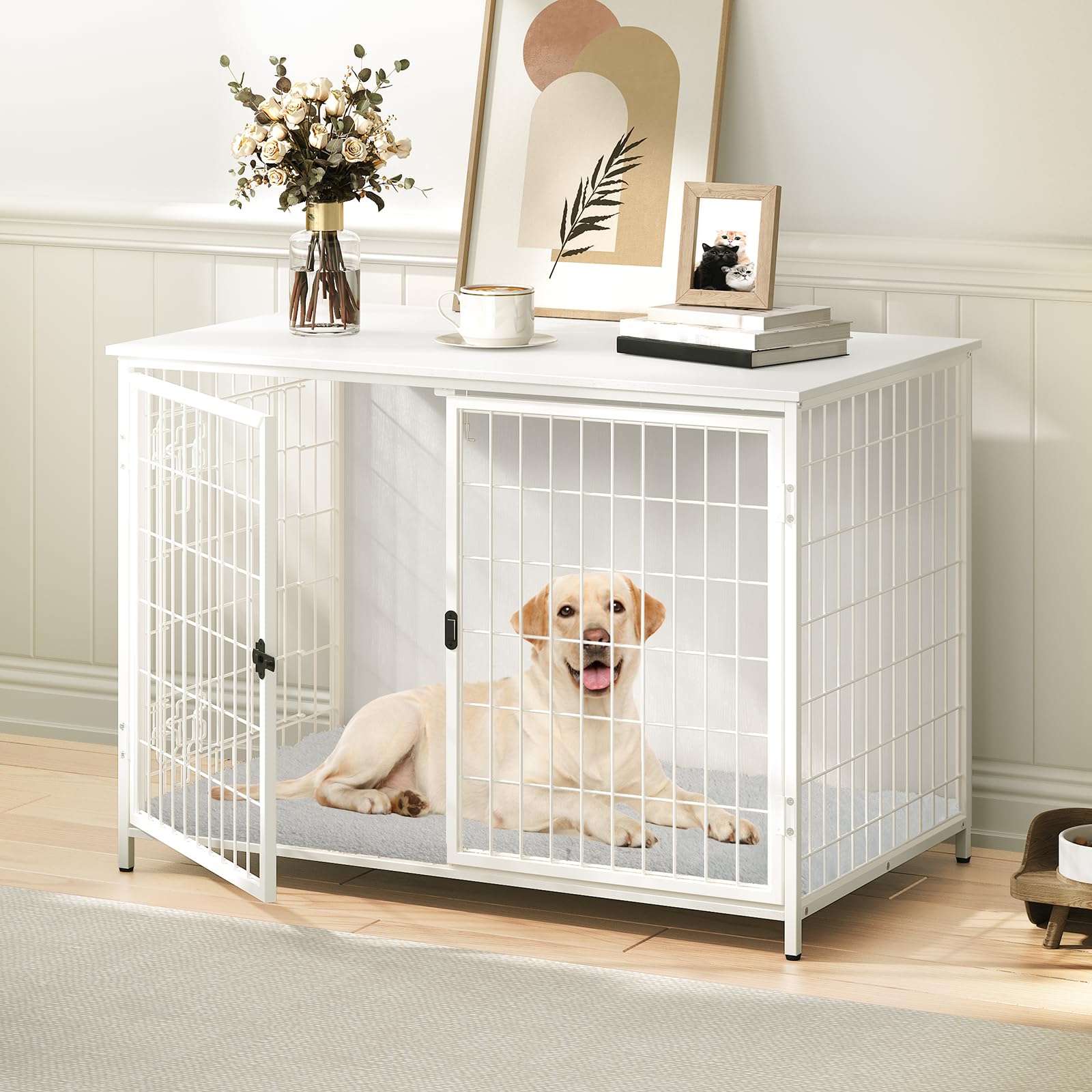 Dog Crate Furniture with Cushion, Wooden Dog Kennel with Double Doors, Heavy Duty Dog Cage for Small/Medium/Large Dogs, Indoor Dog House End Table, 39.4" L, White DCBW10701