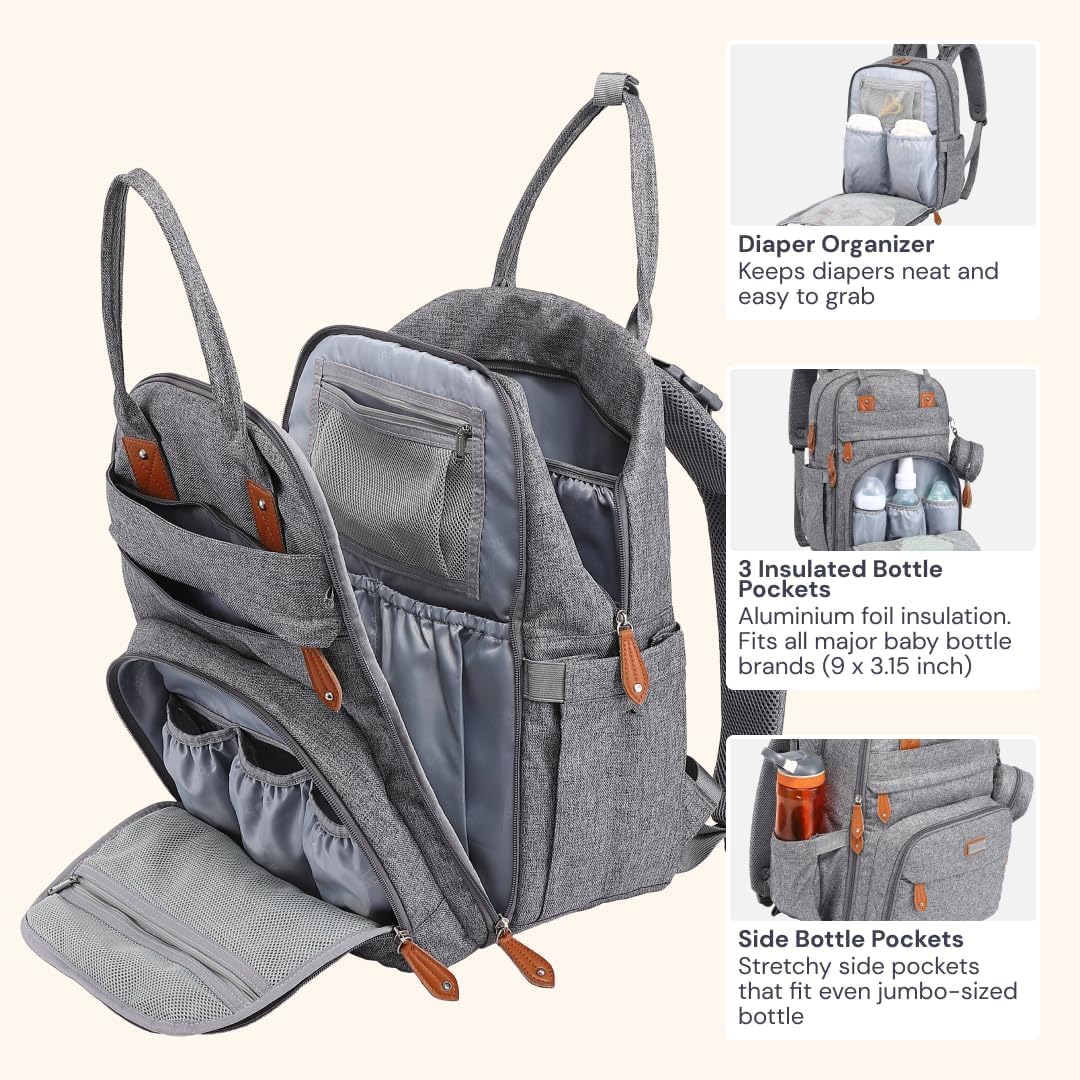 BabbleRoo - Sac à dos à langer multifonction étanche avec matelas à langer, sangles de poussette et étui à tétine - Gris