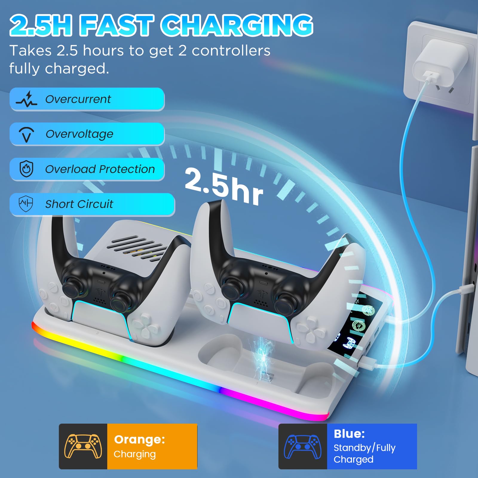 Supporto per PS5/Slim/Pro con Ventola di Raffreddamento, Ricarica Controller PS5, Base PS5 Supporto Verticale con 3 Luci RGB modes per Playstation 5 Console Edizione Disco/Digital Accessori
