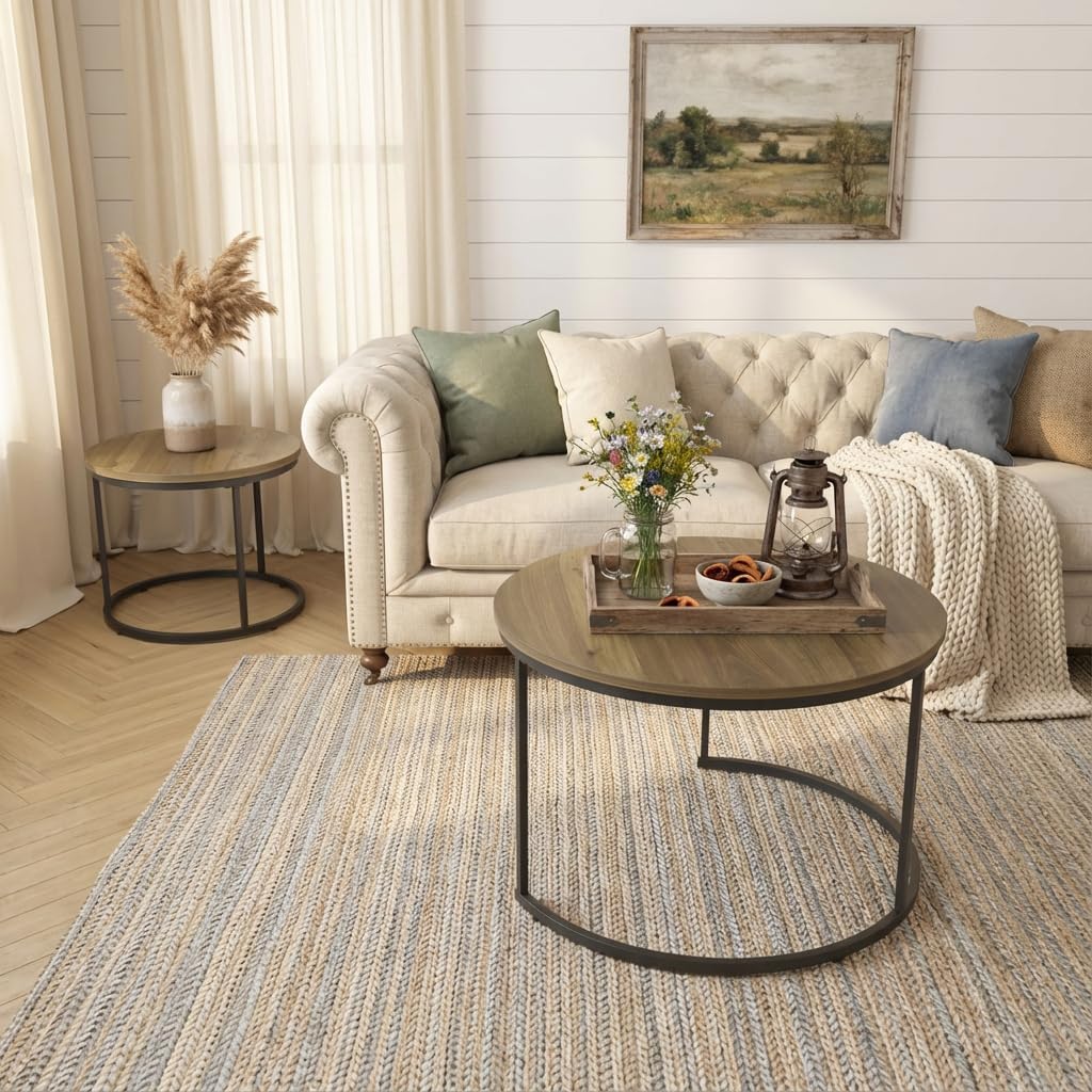 Nesting Table Set of 2, 27.6 '' Round Coffee Table for Living Room, Bedroom, Balcony, Office, Brown Wood Top with Metal Frame, Modern Industrial Side Table