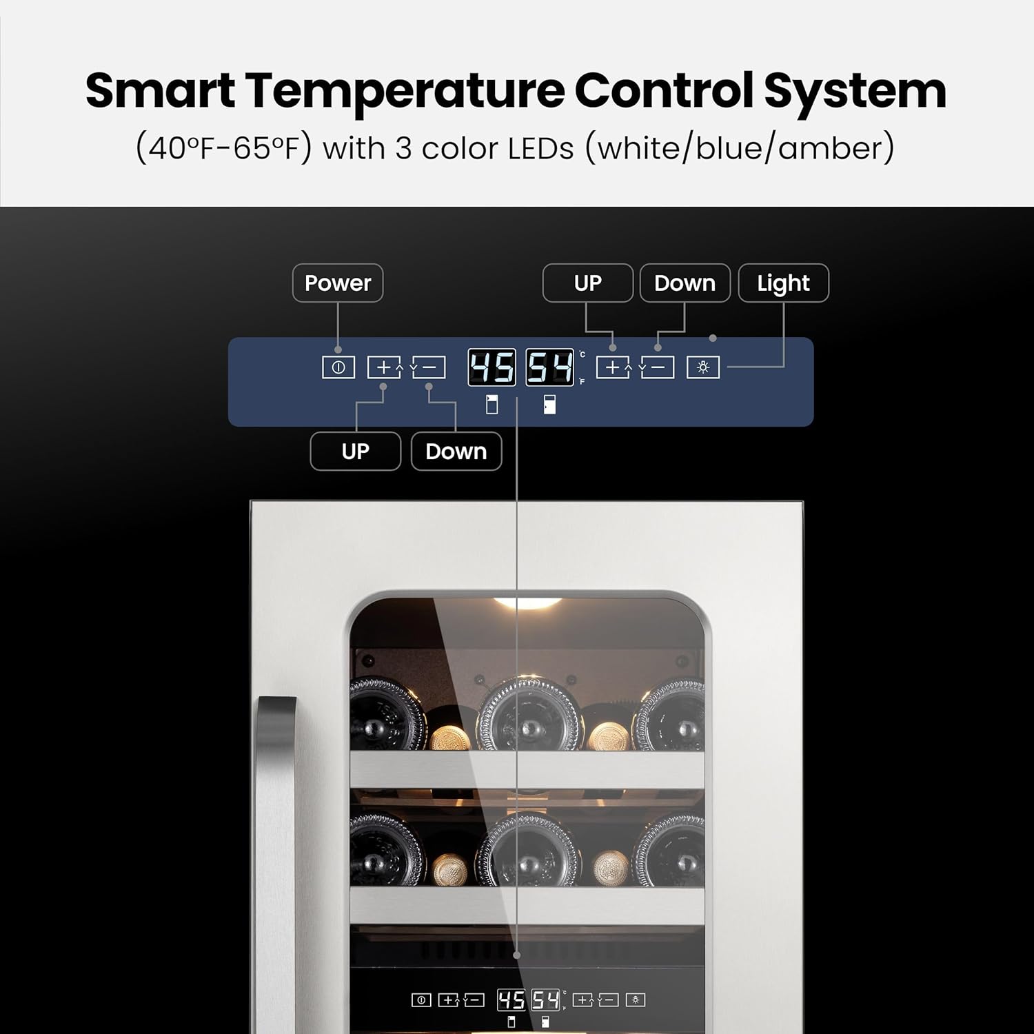 15 inch Wine Fridge Cooler 29 Bottles Dual Zone Wine Refrigerator Under Counter with Glass Door 3 LED Built-in or Freestanding Fridge Adjustable Shelves for Home Bar Kitchen 3.0 cu.ft