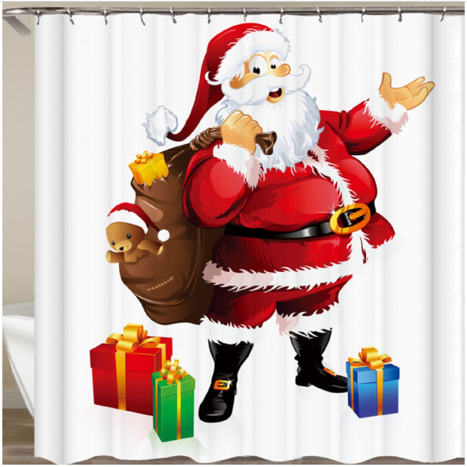 Santa ClausShower Curtain, with 12 Hooks, Mold Resistant, Antibacterial, Easy Clean, Washable Bathroom Curtains