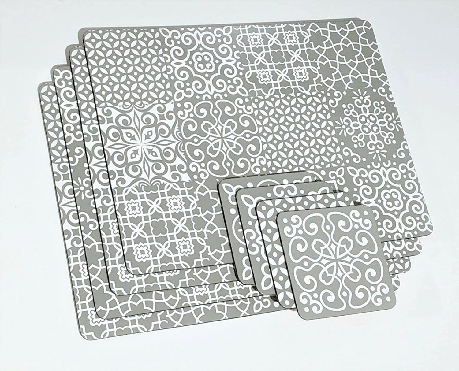 Deenz Coasters Geometric White Grey Printed Coaster & Placemat Set 8Pk, Accessorise Your Dining Table