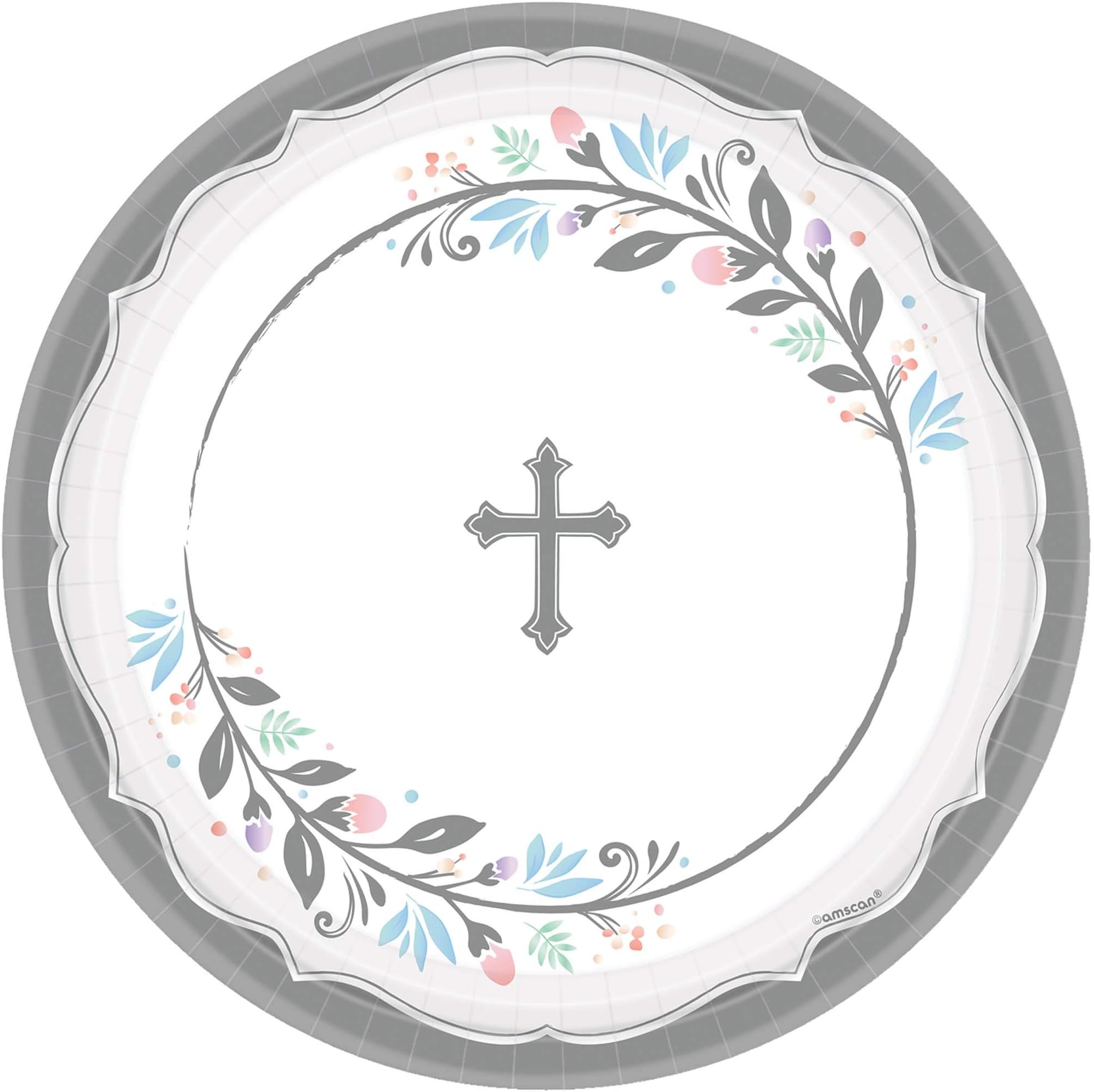 Amscan White & Gray Holy Day God Bless Round Paper Plates (Pack of 18) - Elegant Design Disposable Plates, Perfect for Religious Celebrations, 7"